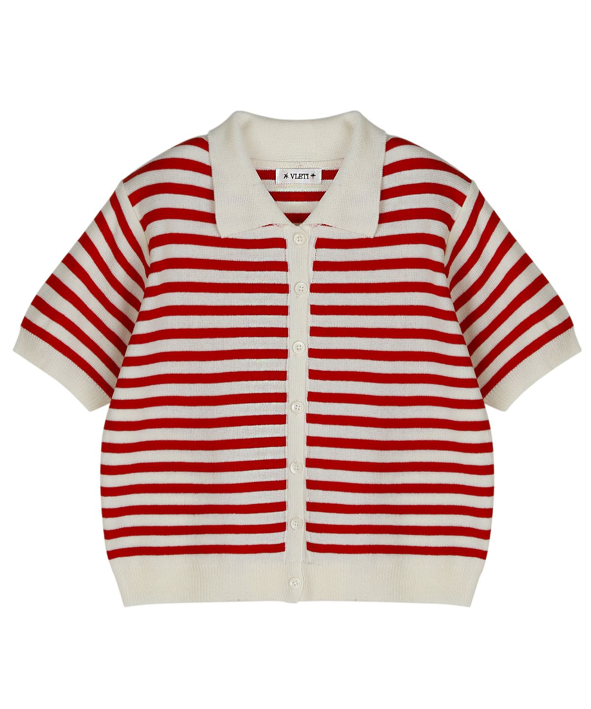 블레티(VLETI) V-neck Stripe Collar Half Knit Cardigan (Red)