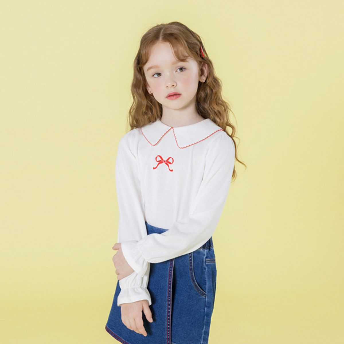 아이러브제이(I LOVE J) 노이스 리본 셔링 카라 티 JXSTO46