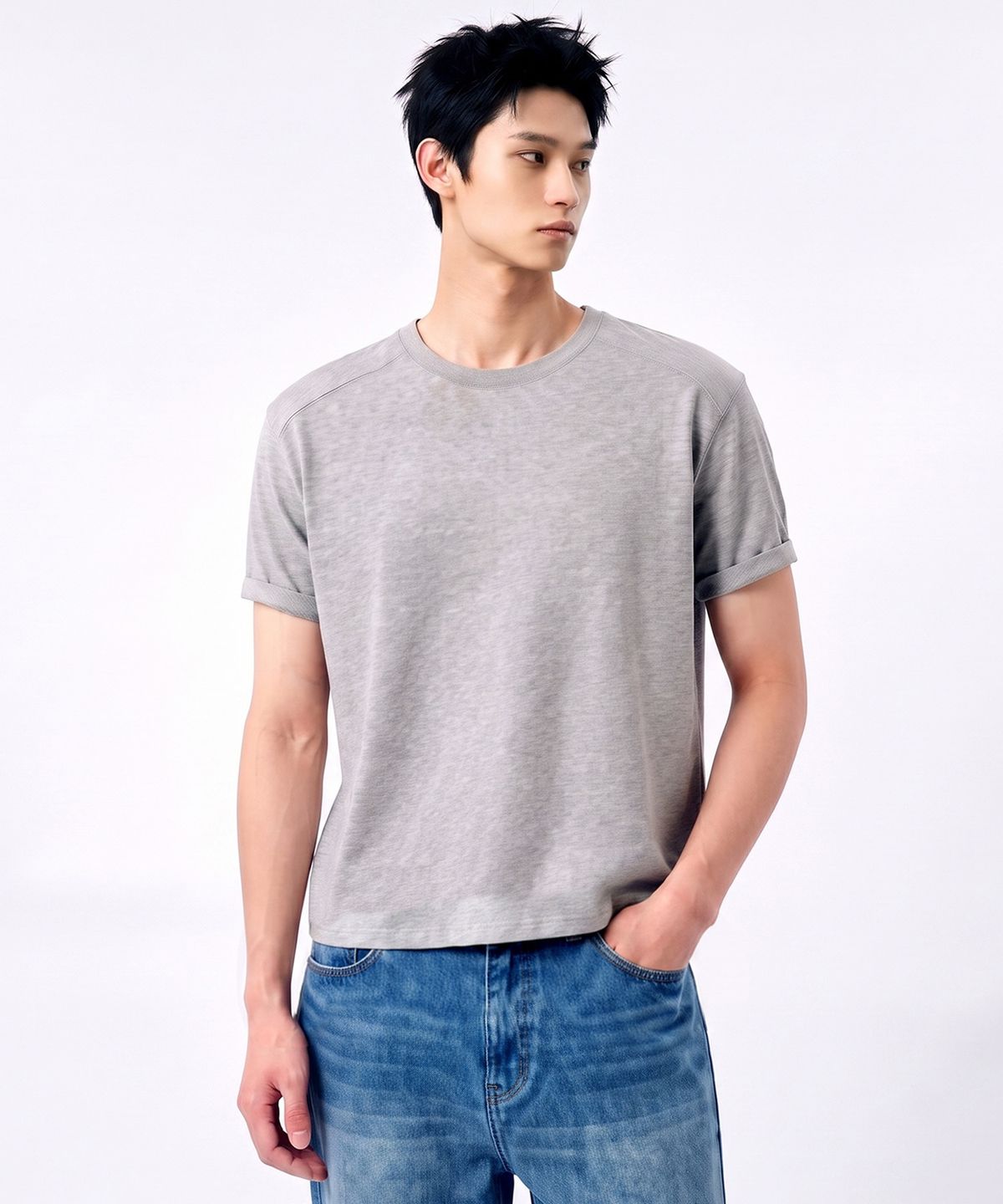 언더오프(UNDEROFF) 머슬핏 크롭 절개 반팔 티셔츠 멜란지