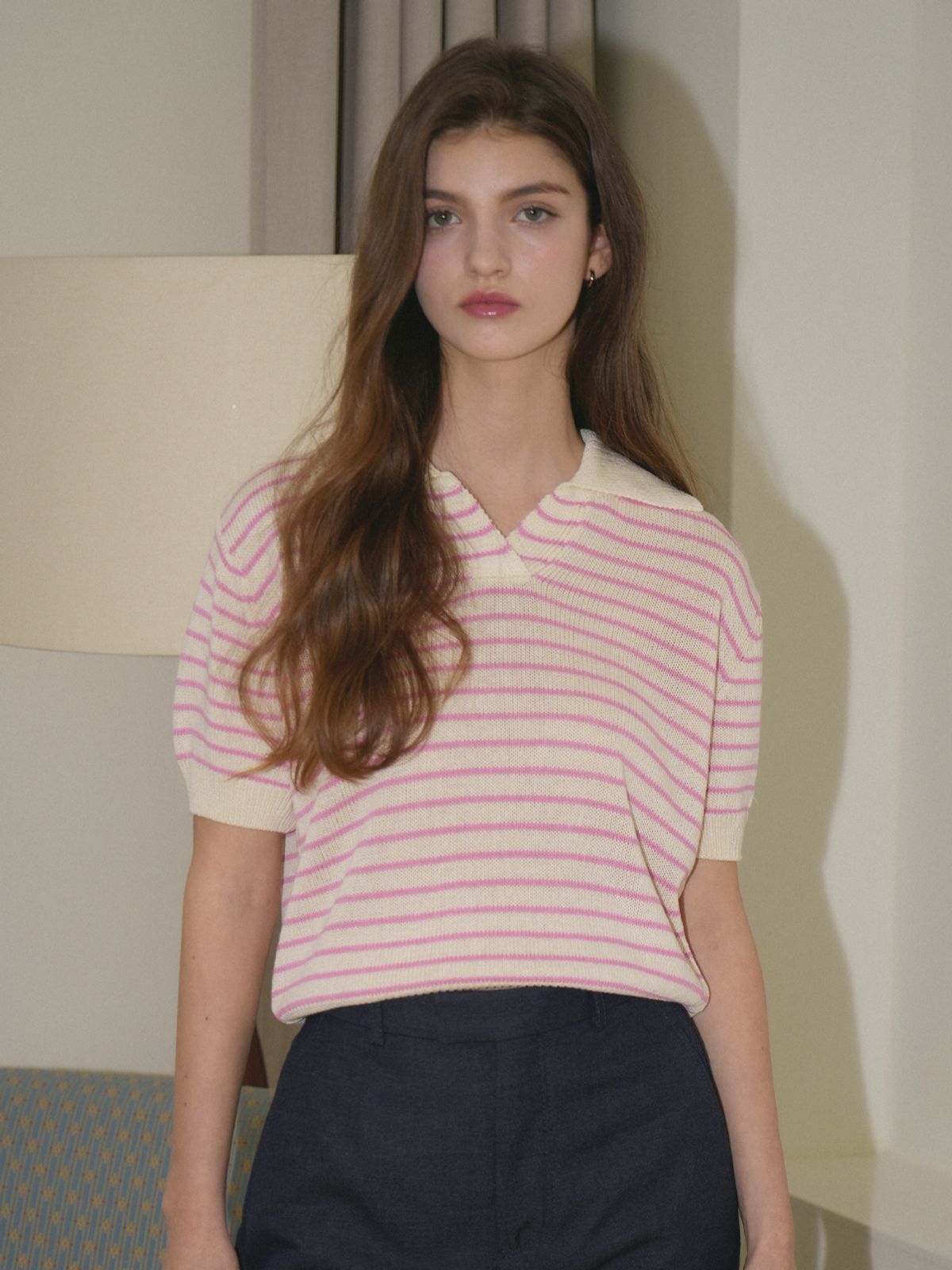 블레티(VLETI) Stripe Collar Half Knit (Pink)