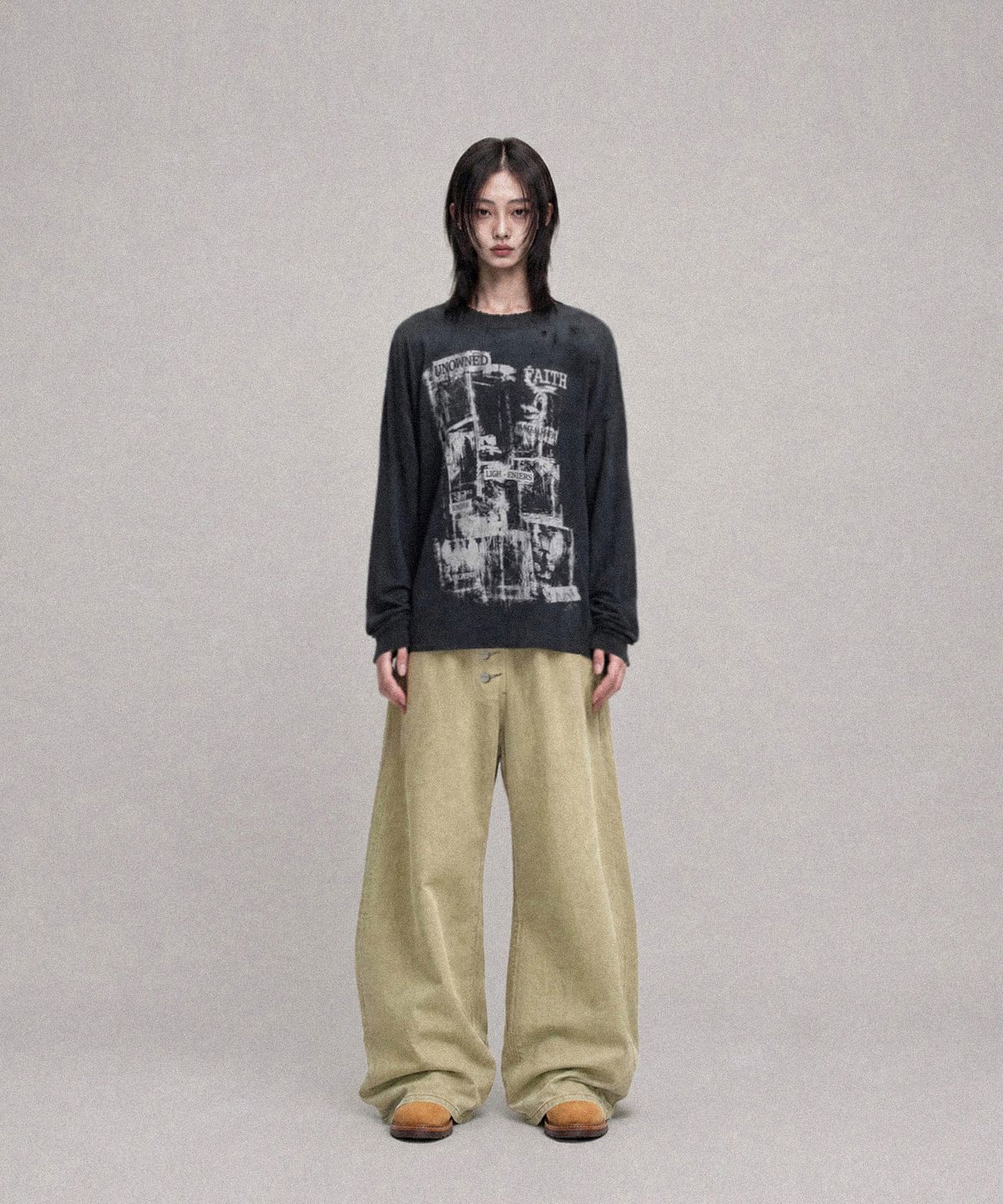 낫포너드(NOT4NERD) Unknown Records Bleach Washed Long Sleeve - Black