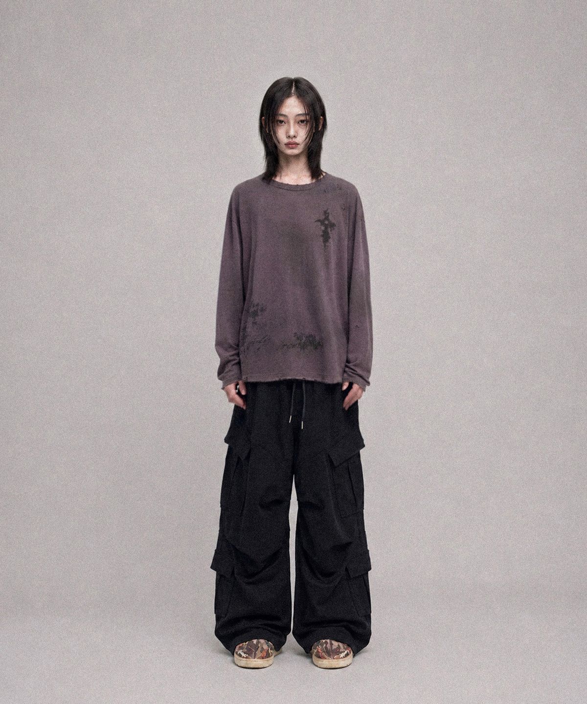 낫포너드(NOT4NERD) Raw Distressed Dirty Washed U-Neck Long Sleeve - Purple