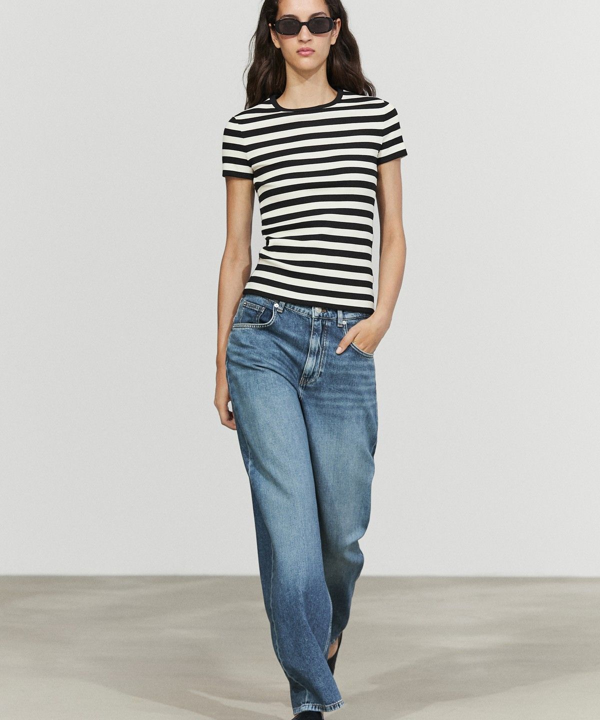 마시모두띠(MASSIMO DUTTI) 스트라이프 코튼 블렌드 반팔 티셔츠