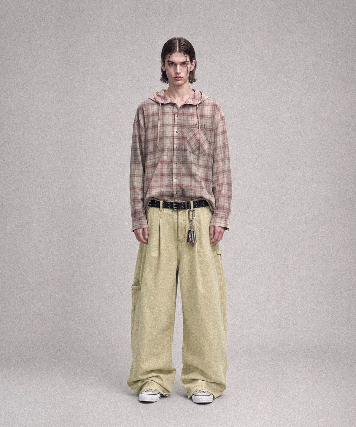 낫포너드(NOT4NERD) Dirty Washed Distressed Check Hood Shirt - Pink