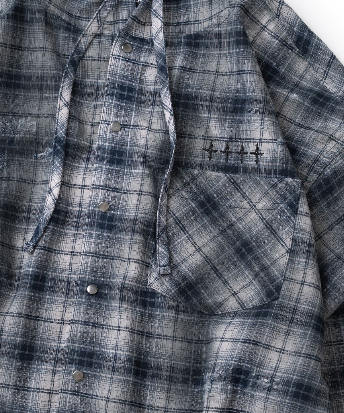 낫포너드(NOT4NERD) Dirty Washed Distressed Check Hood Shirt - Navy