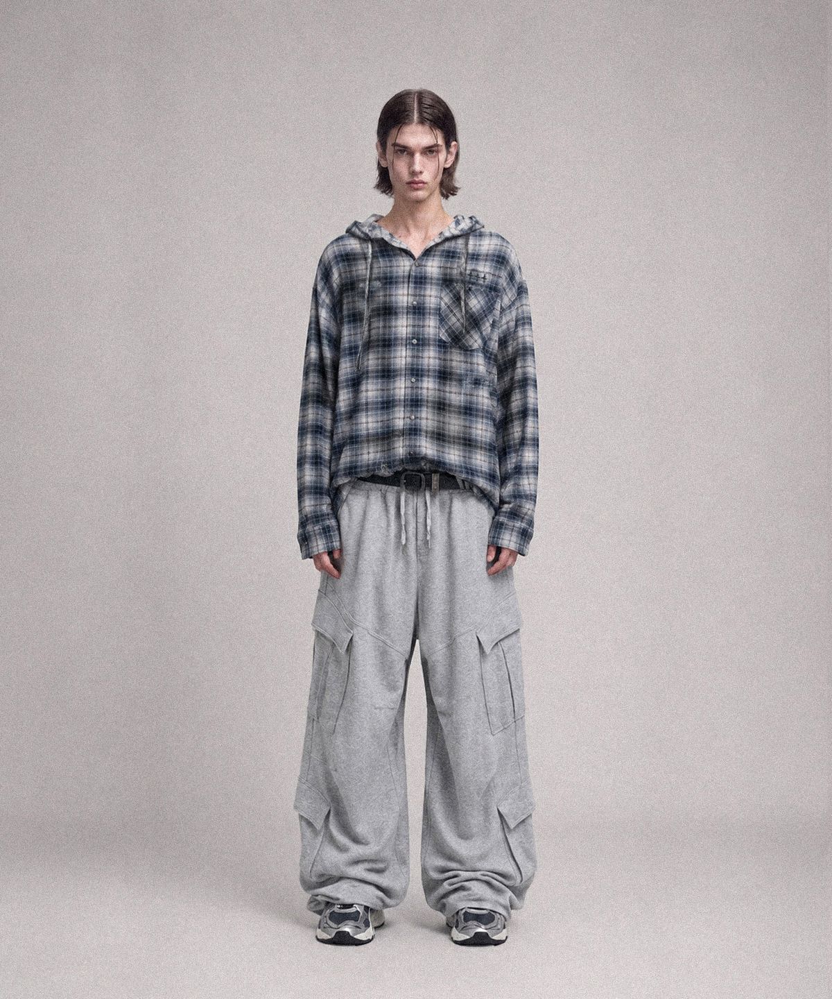 낫포너드(NOT4NERD) Dirty Washed Distressed Check Hood Shirt - Navy