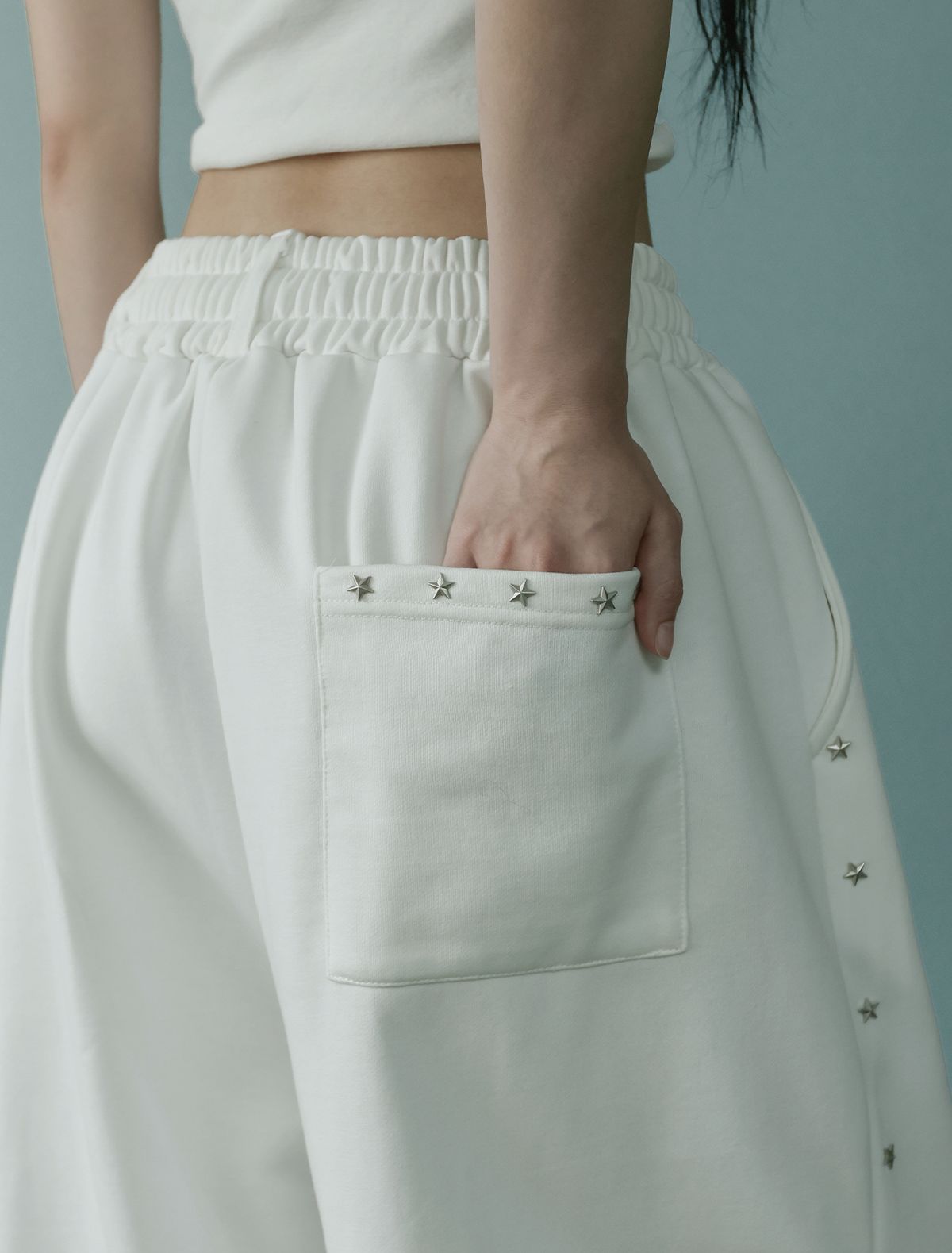 루프(LOOXP) 스타 리벳 라인 와이드 롱팬츠 아이보리