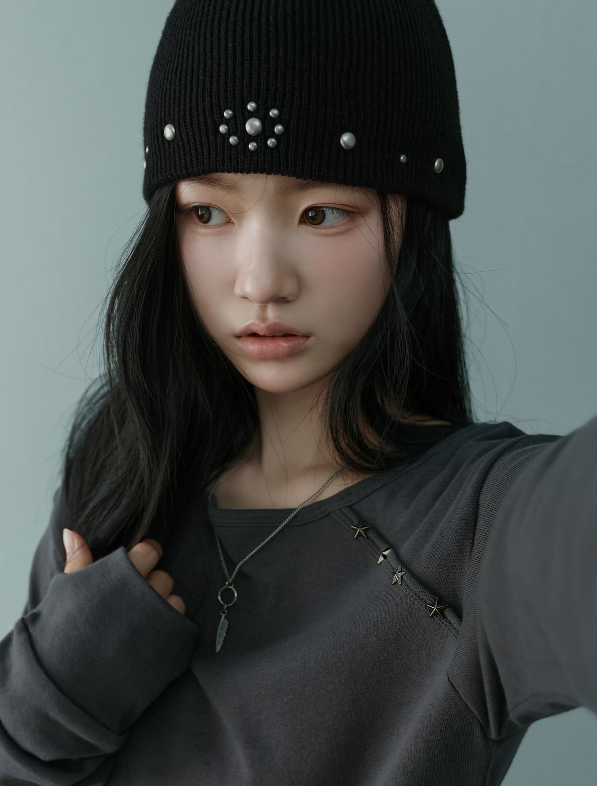 루프(LOOXP) 미니 실버 스터드 비니 블랙