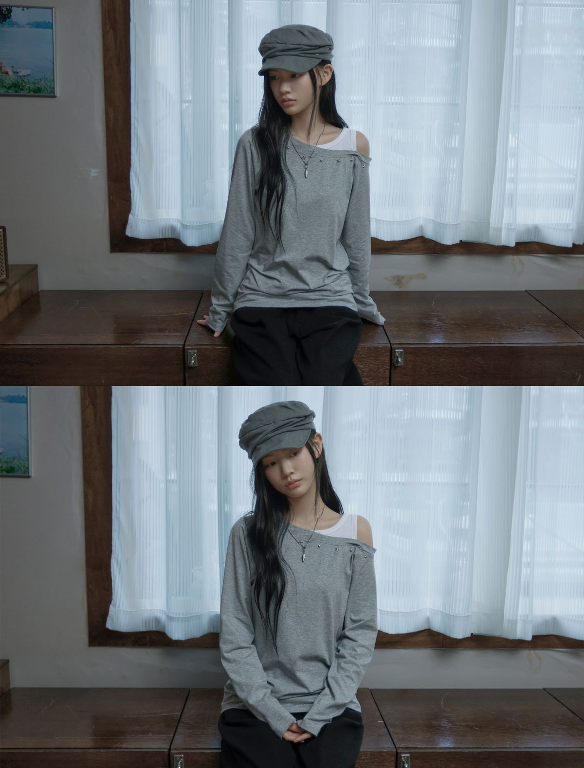 루프(LOOXP) 베이직 언발 오프숄더 긴팔티 그레이