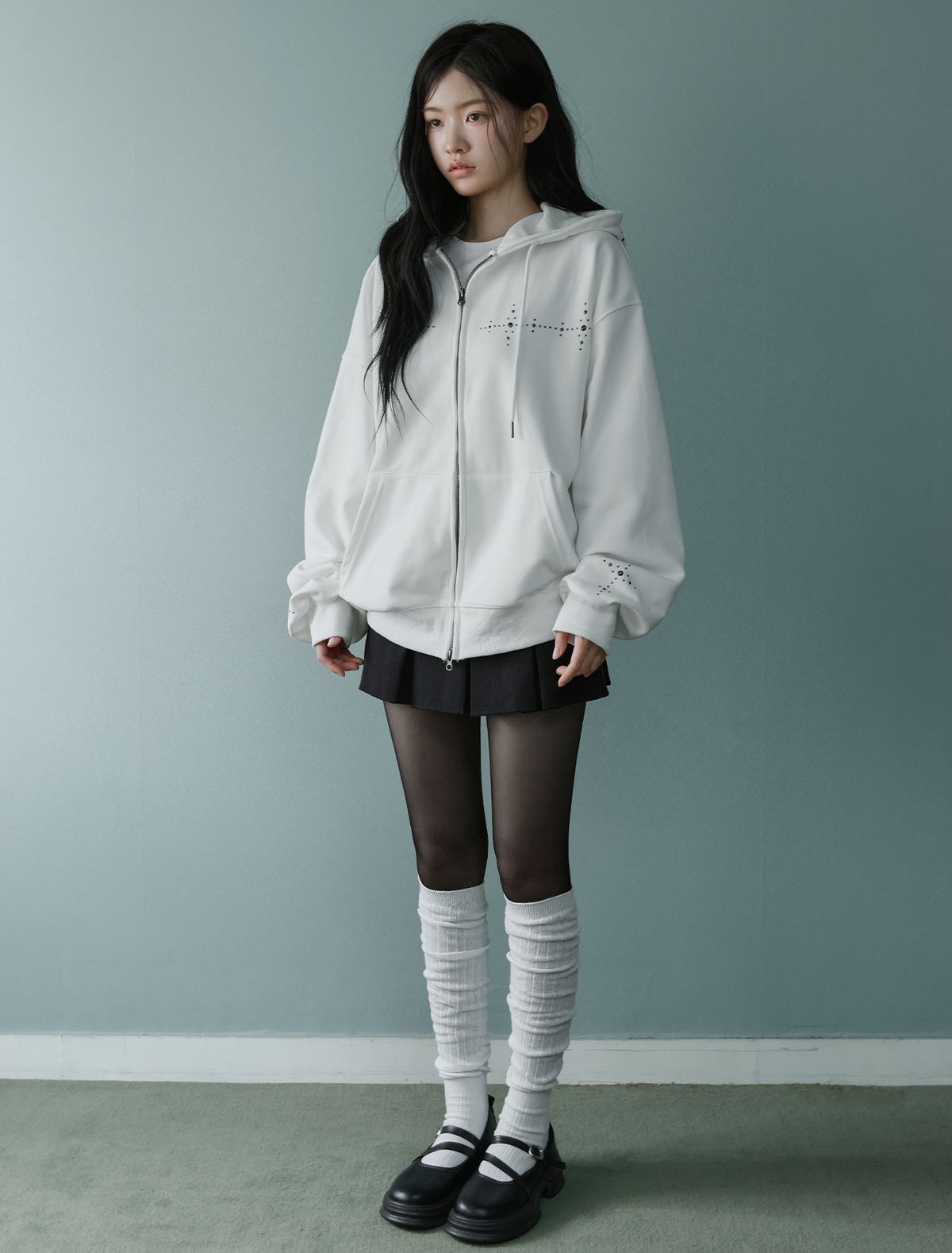 루프(LOOXP) 크로스 스톤 오버핏 후드집업 아이보리