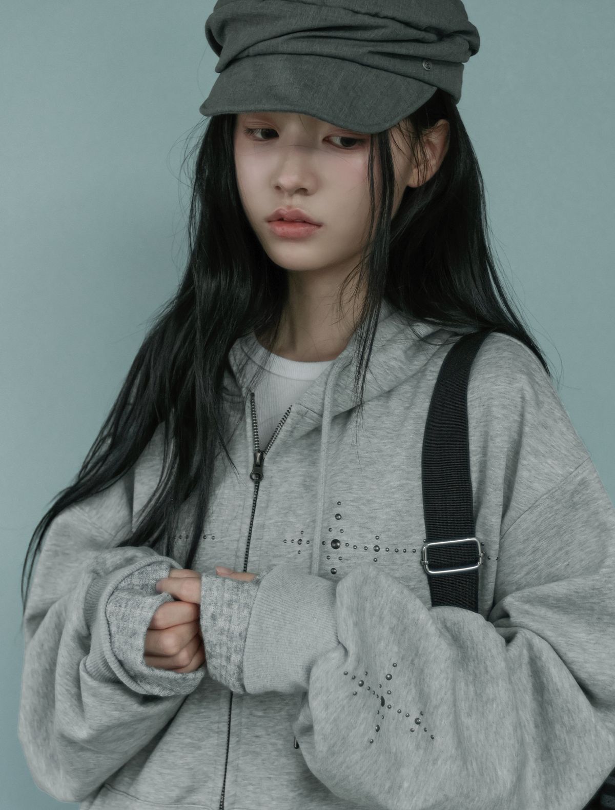 루프(LOOXP) 크로스 스톤 오버핏 후드집업 그레이