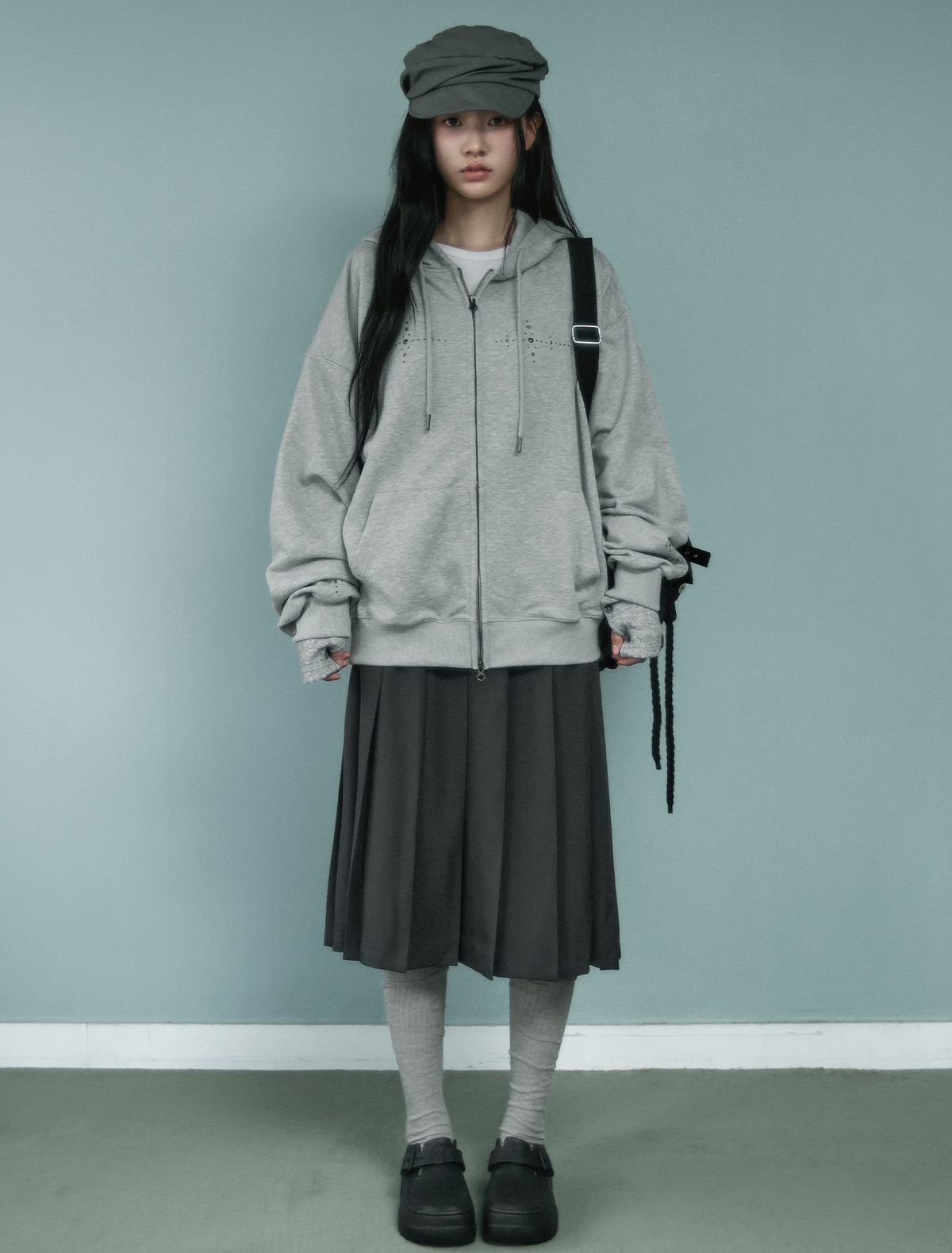 루프(LOOXP) 크로스 스톤 오버핏 후드집업 그레이