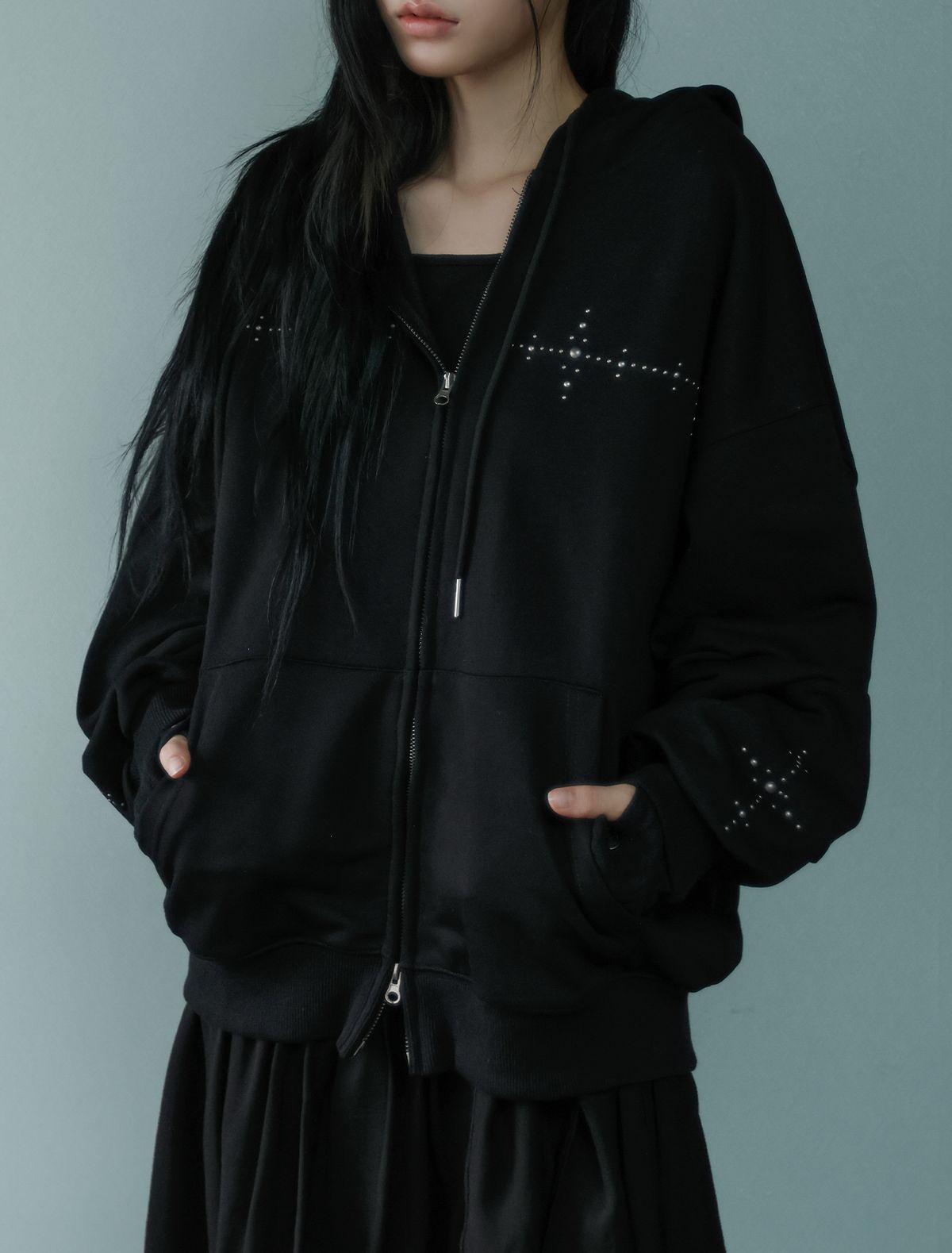 루프(LOOXP) 크로스 스톤 오버핏 후드집업 블랙