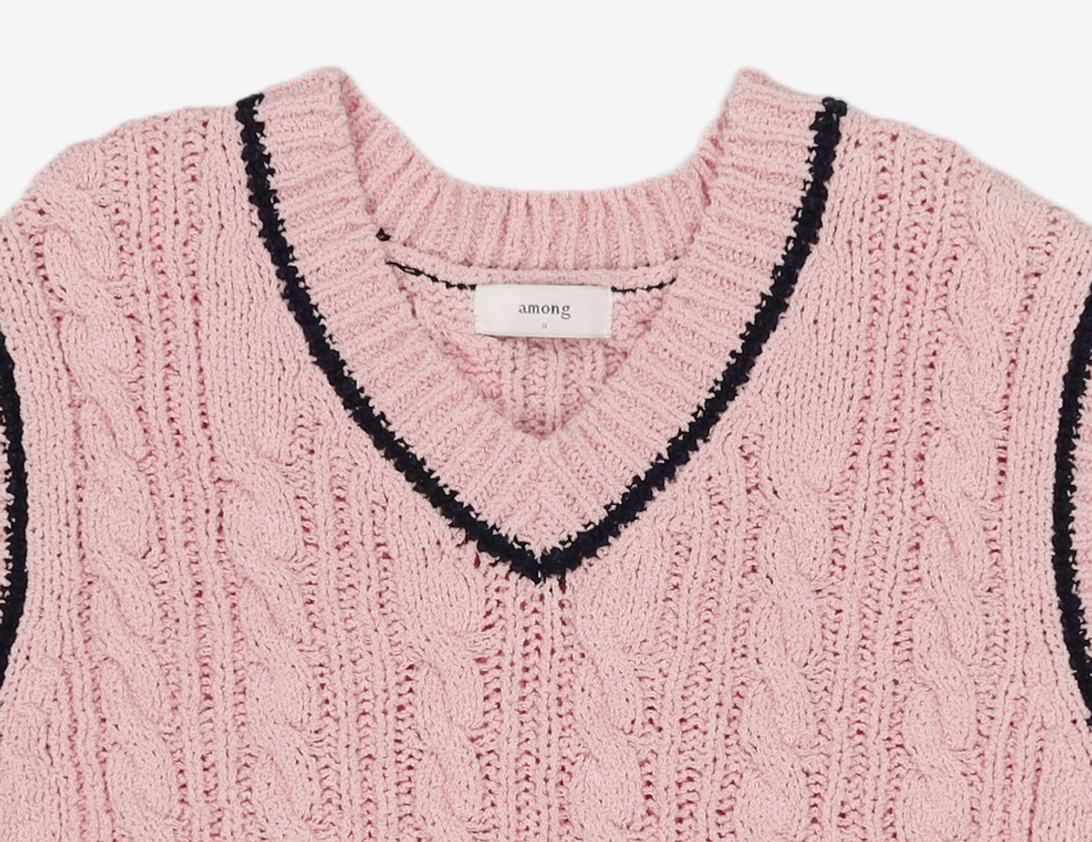 어몽(AMONG) A V-NECK CABLE KNIT VEST_PINK S
