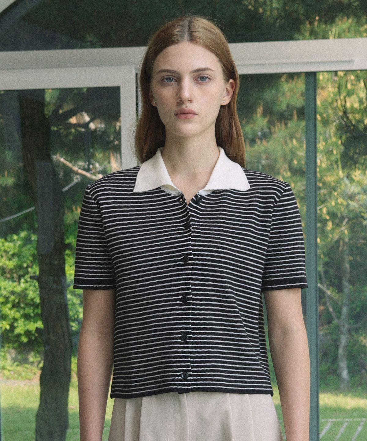 블레티(VLETI) Stripe Collar Half Knit Cardigan (Black)