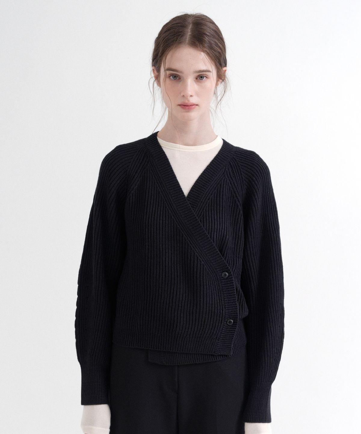 블레티(VLETI) V-neck Ribbed Wrap Knit Cardigan (Black)