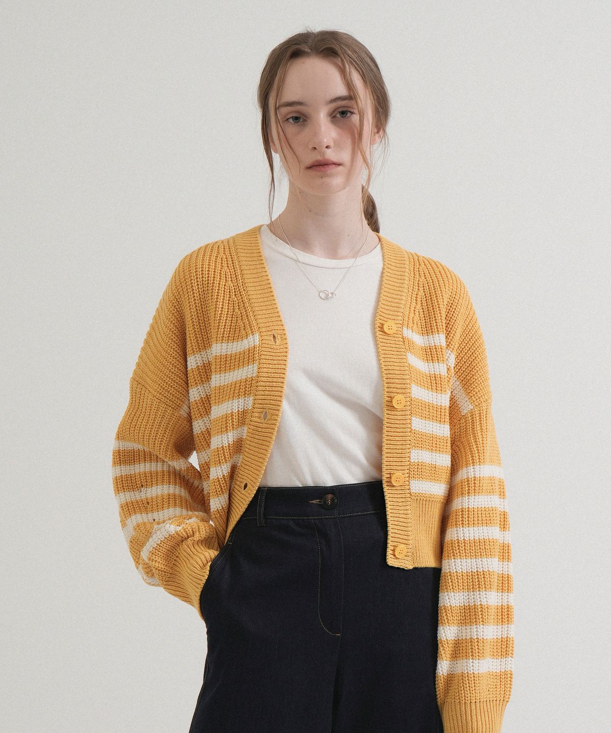 블레티(VLETI) V-neck Ribbed Stripe Knit Cardigan (Yellow)