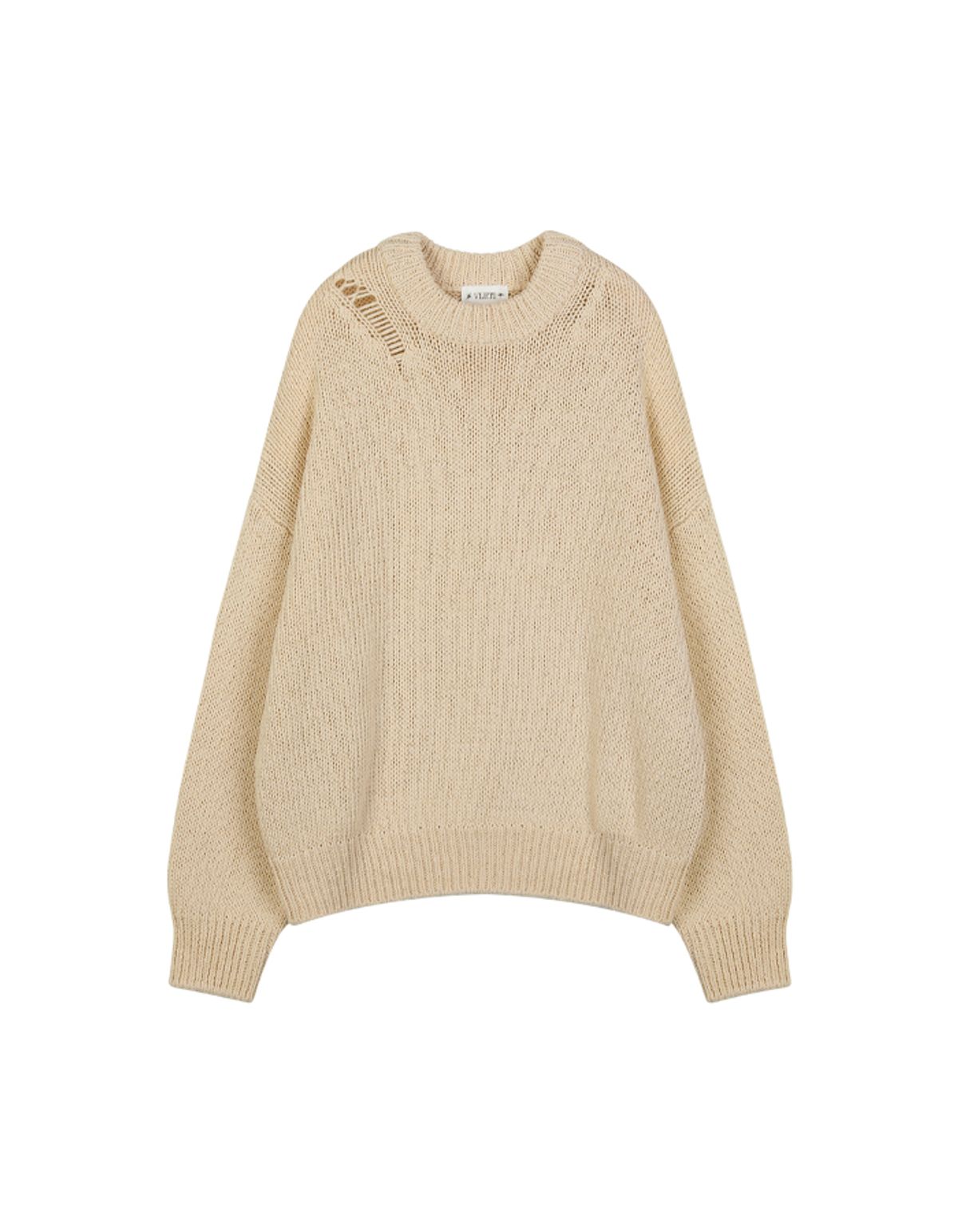 블레티(VLETI) [Cotton 100%] Round Shoulder Damage Knit (Cream_beige)