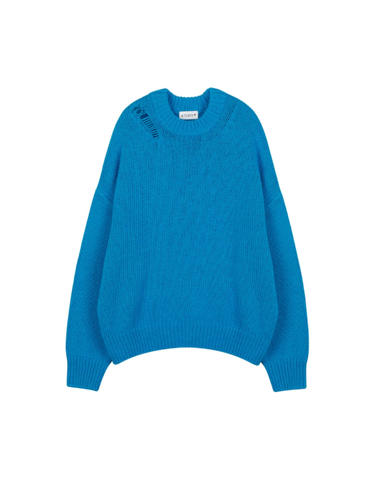 블레티(VLETI) [Cotton 100%] Round Shoulder Damage Knit (Emerald_blue)