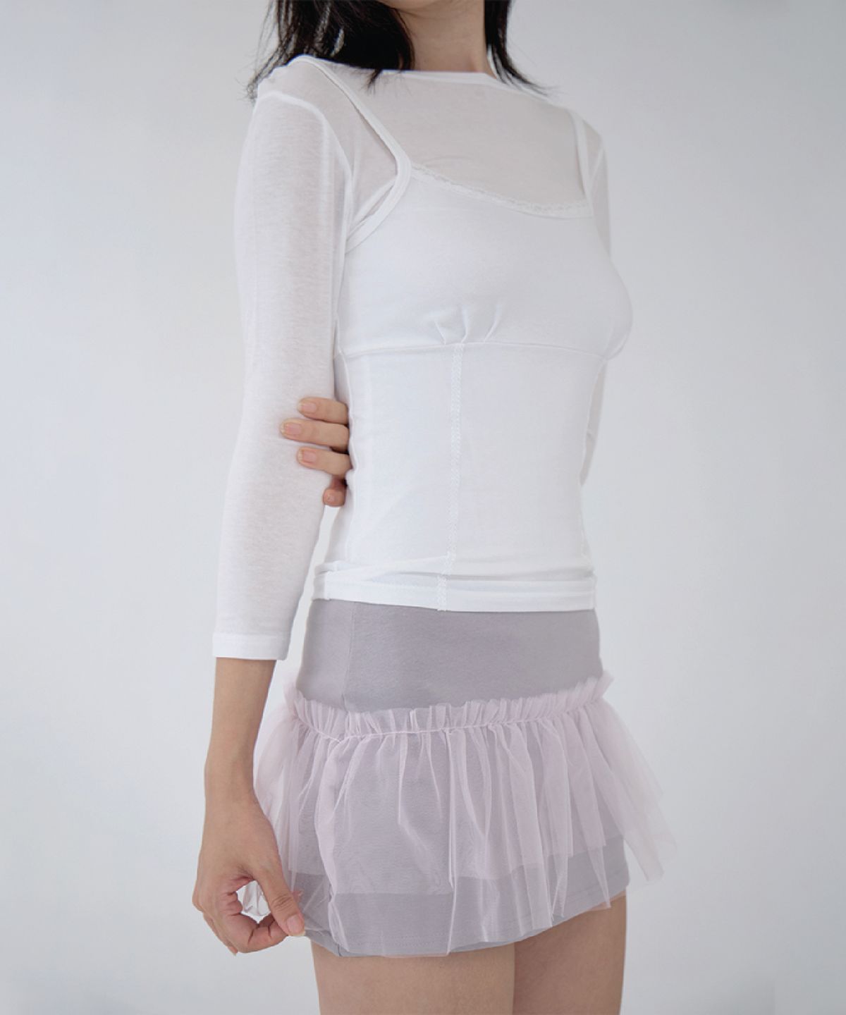 벨리아르(BELLIALEU) TULLE LAYERED MINI SKIRT MAUVE GRAY