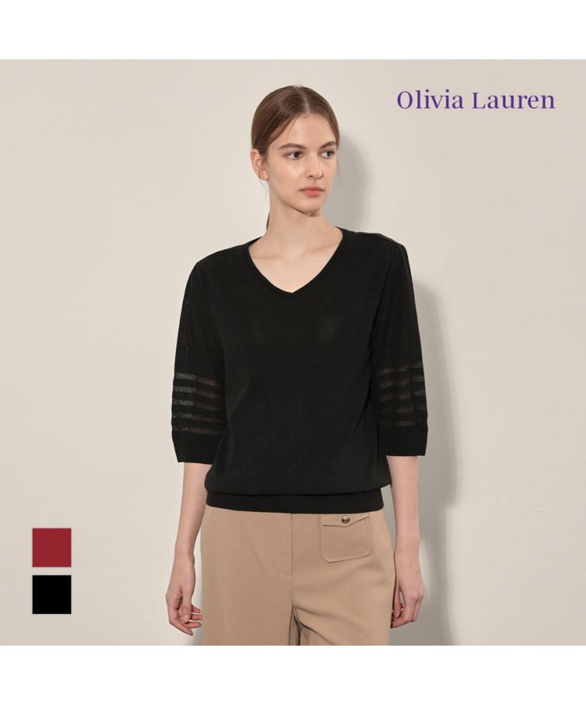 올리비아로렌(OLIVIALAUREN) 골조직 니트 브이넥_VOCBL4F7311