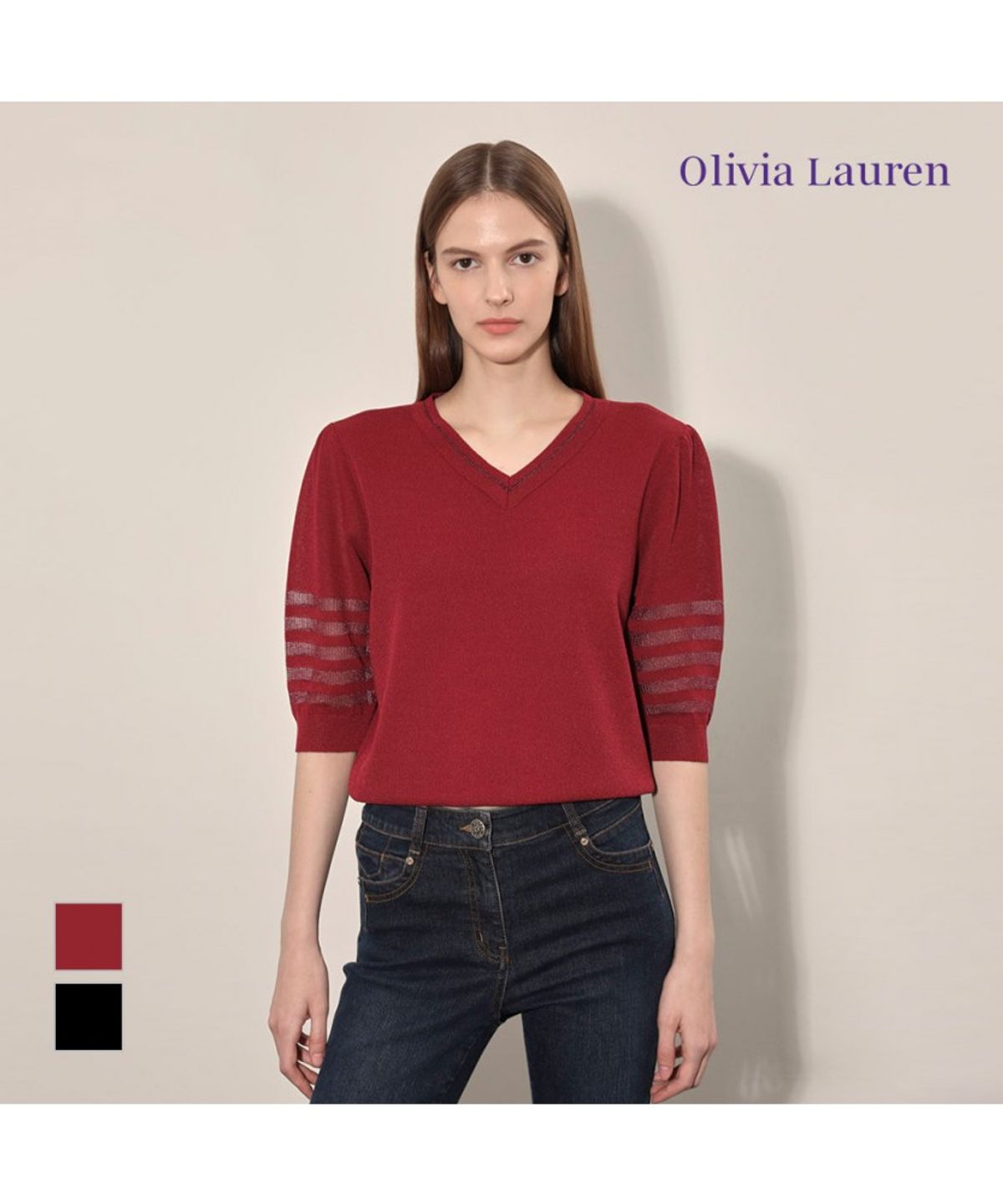 올리비아로렌(OLIVIALAUREN) 골조직 니트 브이넥_VOCBL4F7311