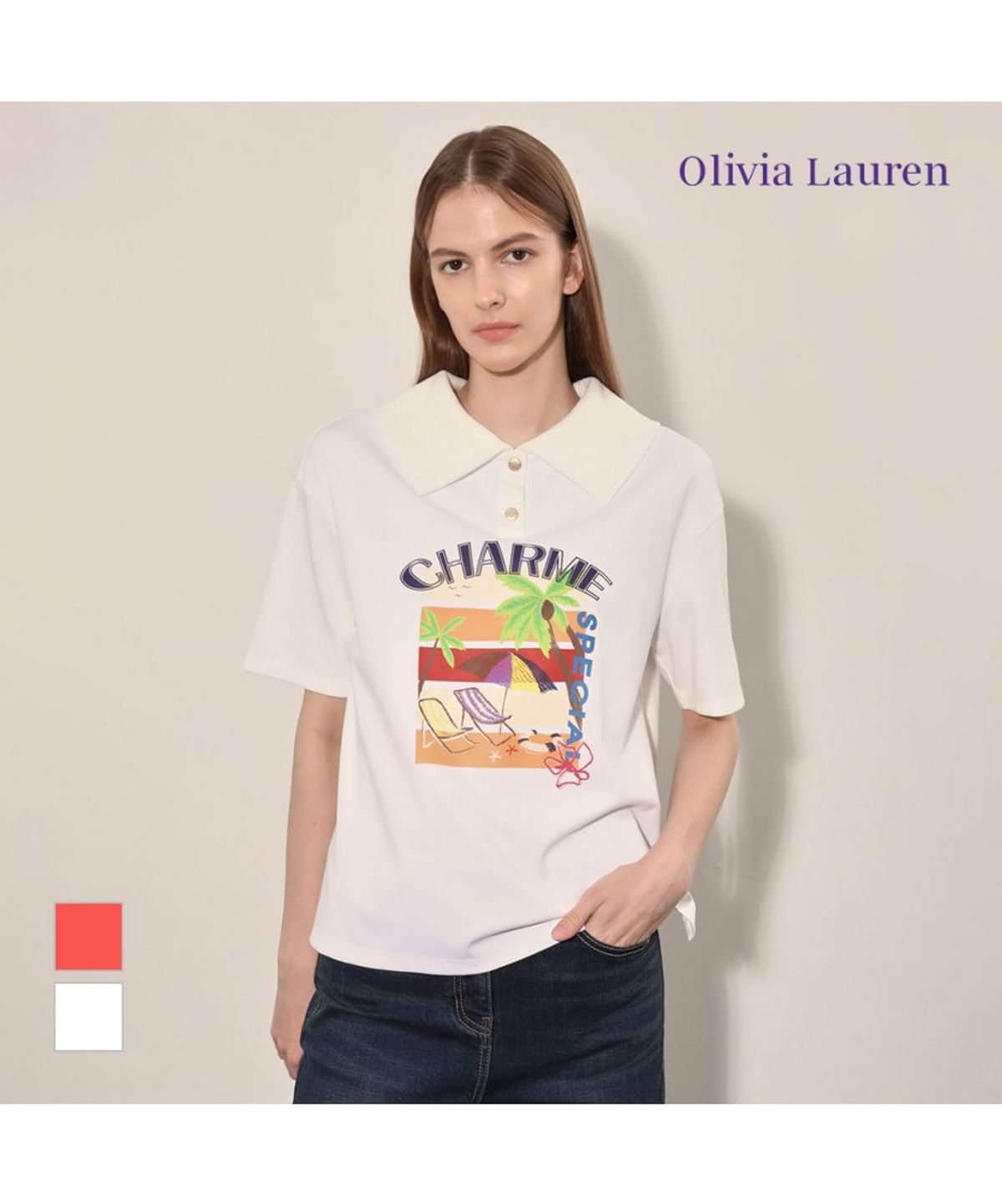 올리비아로렌(OLIVIALAUREN) 카라넥프린트티셔츠_VOBAS4F7121