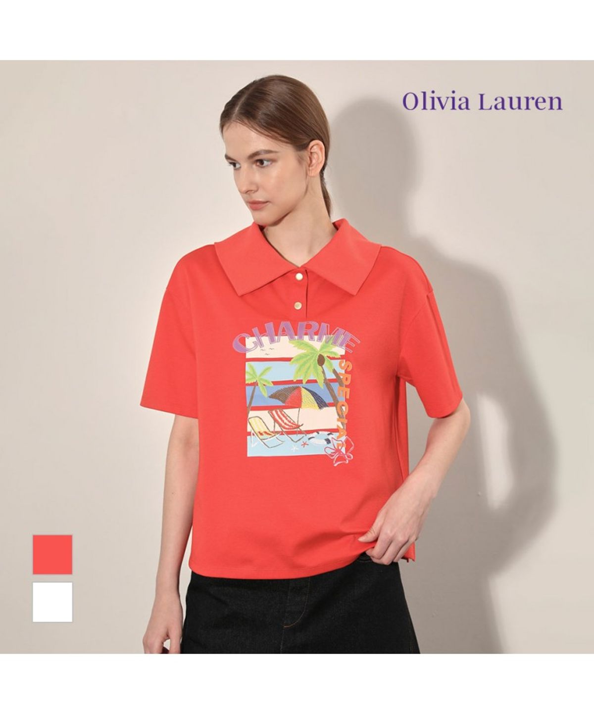 올리비아로렌(OLIVIALAUREN) 카라넥프린트티셔츠_VOBAS4F7121