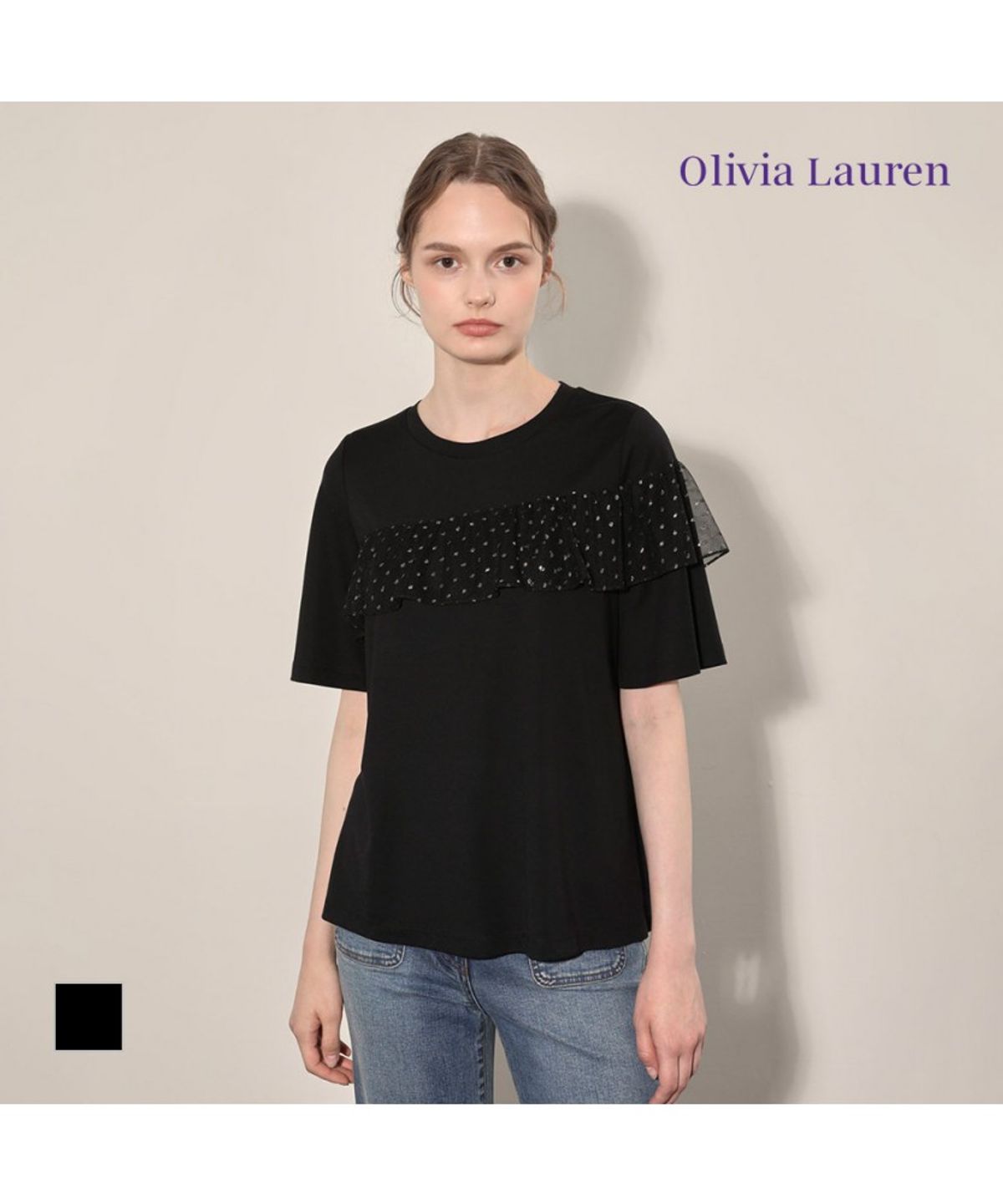 올리비아로렌(OLIVIALAUREN) 메쉬 프릴 티셔츠_VOCAS4F7211