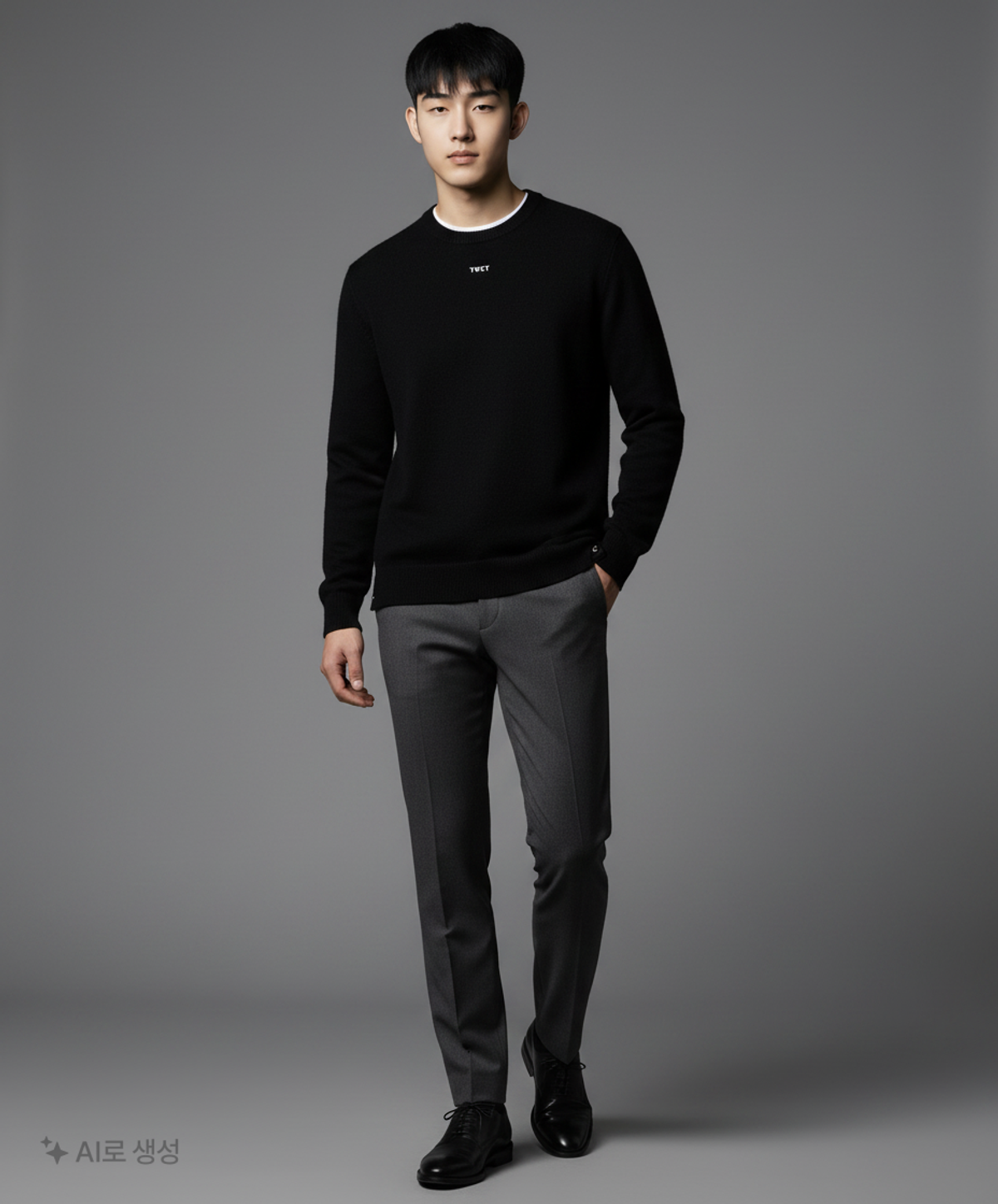 티엔지티(TNGT) BLACK SEMI-OVER FIT BUTTON CREWNECK KNIT TNSW1F704BK 105