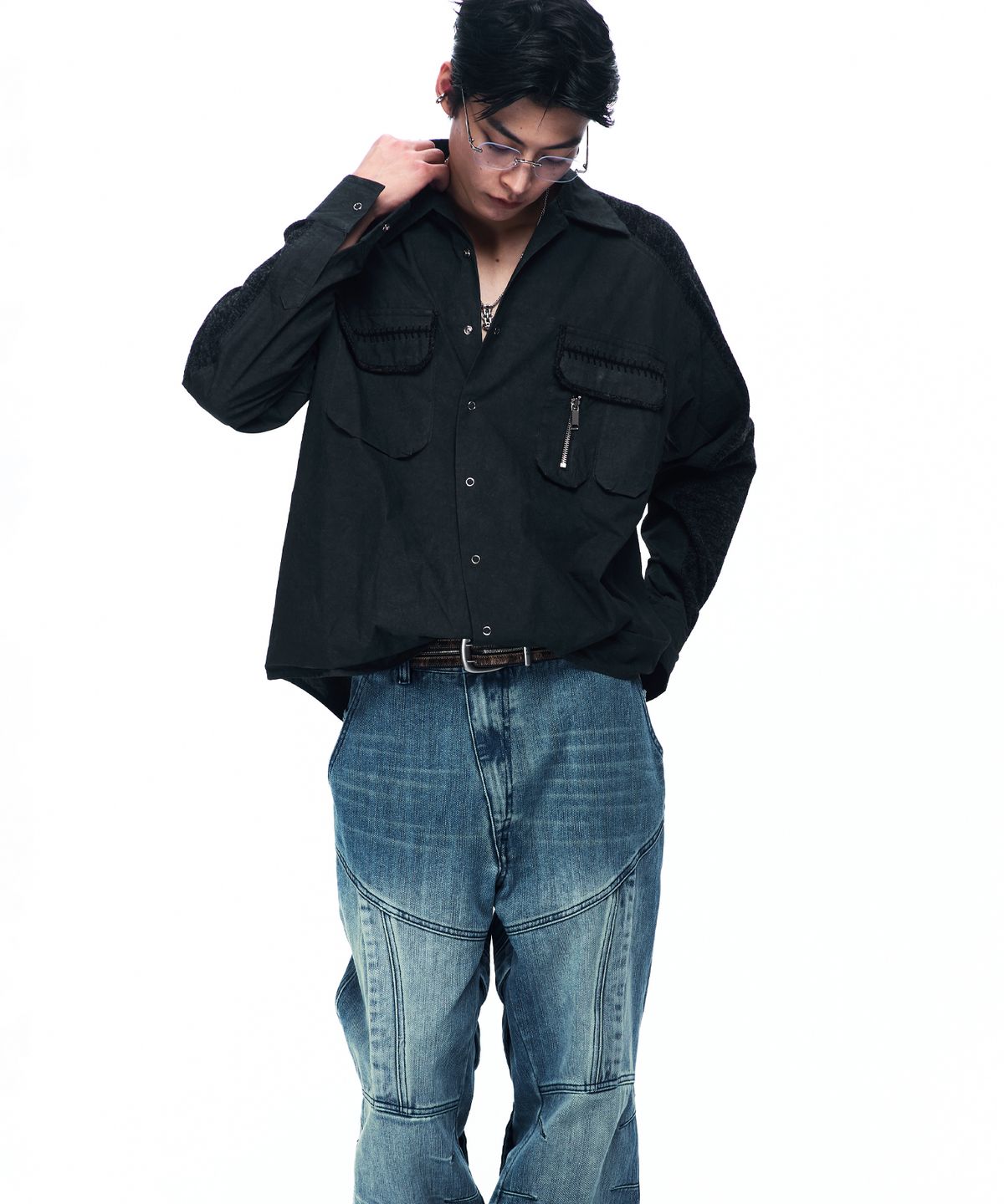 알에스에스씨(RSSC) KNIT MIX CURVED SHIRT - BLACK