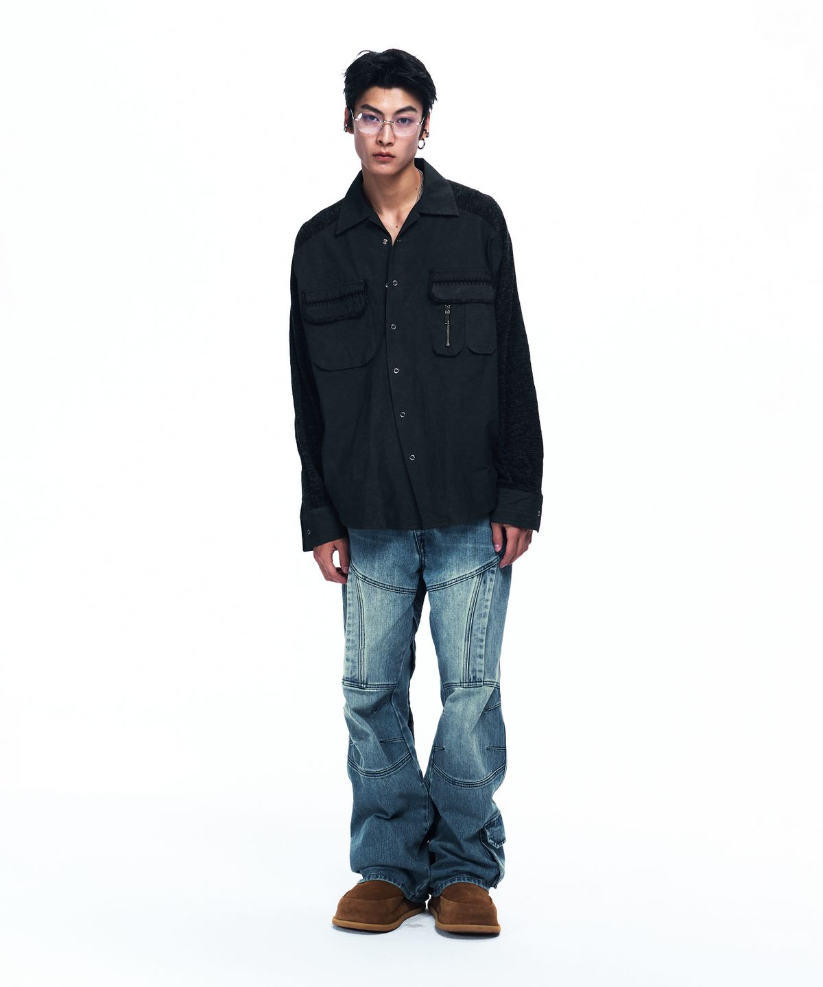 알에스에스씨(RSSC) KNIT MIX CURVED SHIRT - BLACK