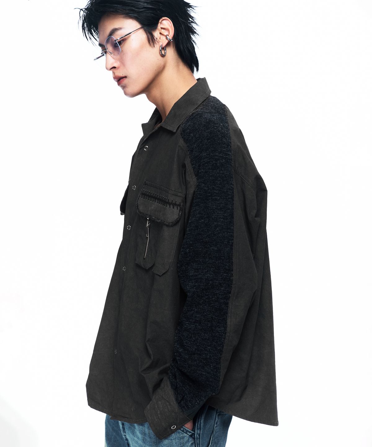 알에스에스씨(RSSC) KNIT MIX CURVED SHIRT - BLACK