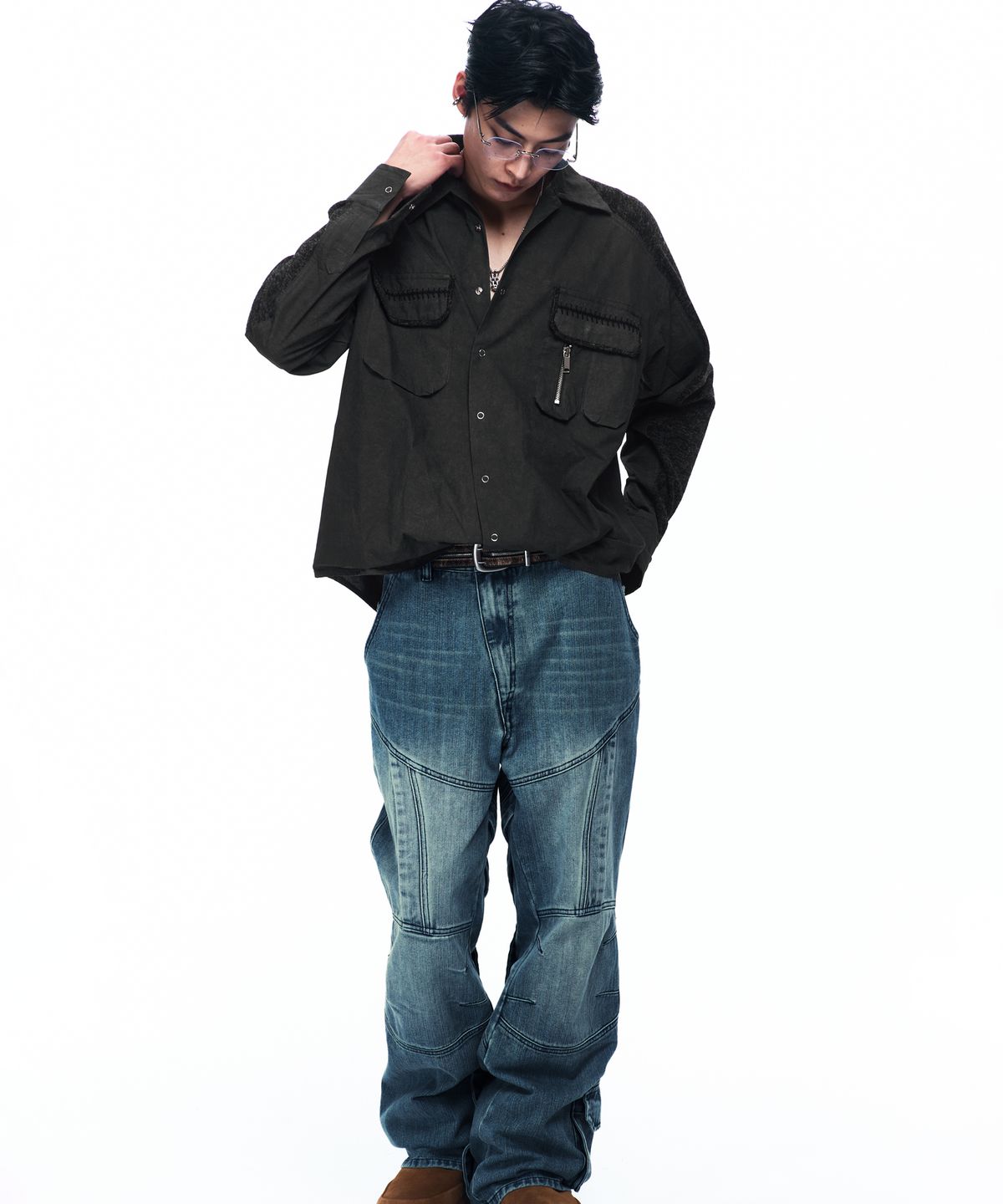 알에스에스씨(RSSC) KNIT MIX CURVED SHIRT - BLACK