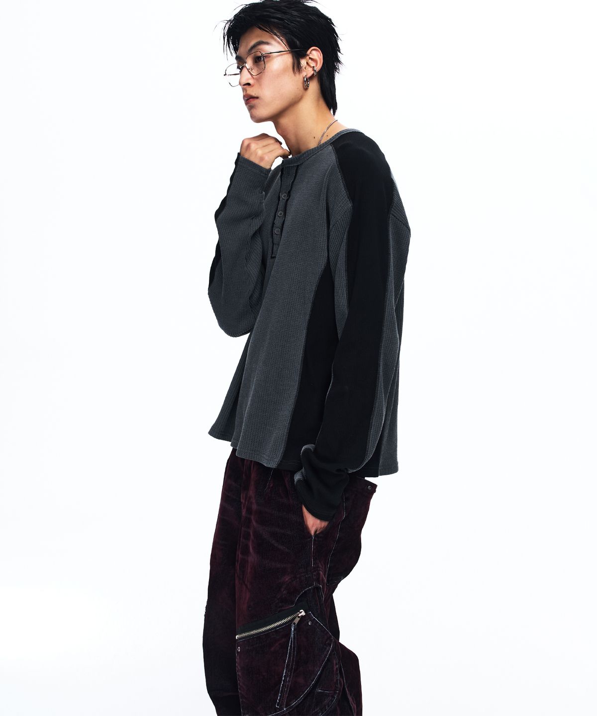 알에스에스씨(RSSC) CUTLINE WAFFLE HENLEY LONG SLEEVE - CHARCOAL