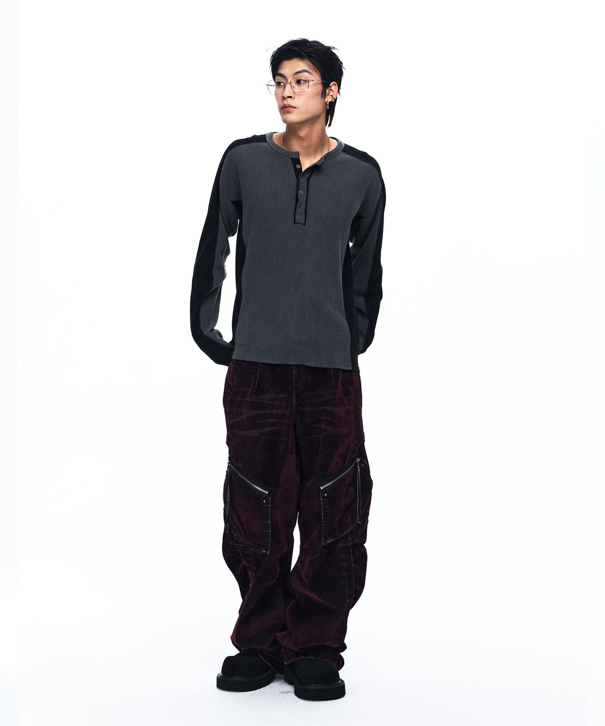 알에스에스씨(RSSC) CUTLINE WAFFLE HENLEY LONG SLEEVE - CHARCOAL
