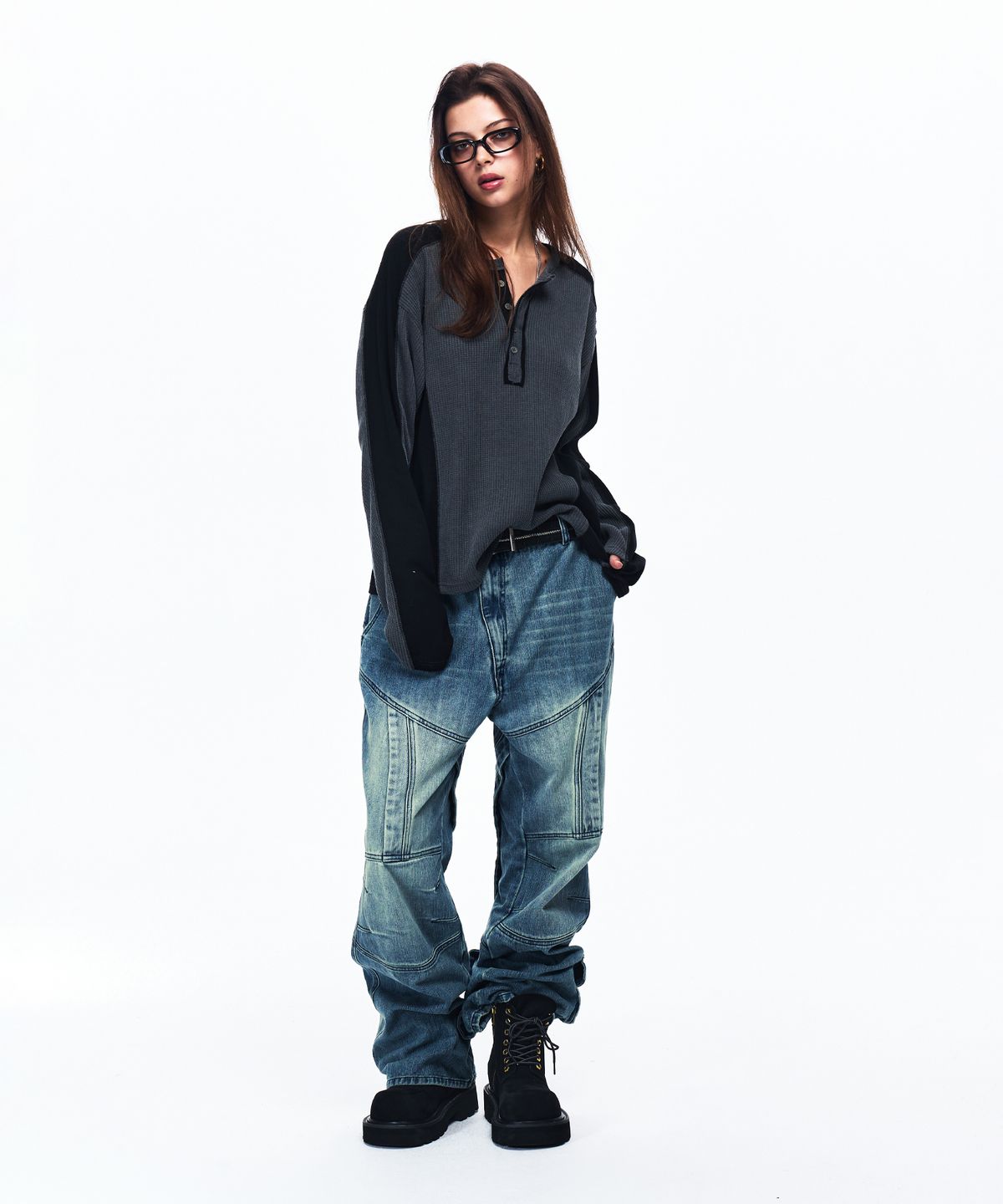 알에스에스씨(RSSC) CUTLINE WAFFLE HENLEY LONG SLEEVE - CHARCOAL