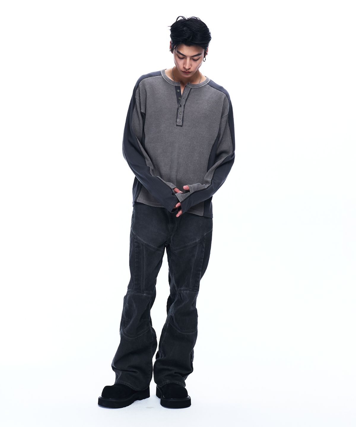 알에스에스씨(RSSC) CUTLINE WAFFLE HENLEY LONG SLEEVE - ASH GRAY