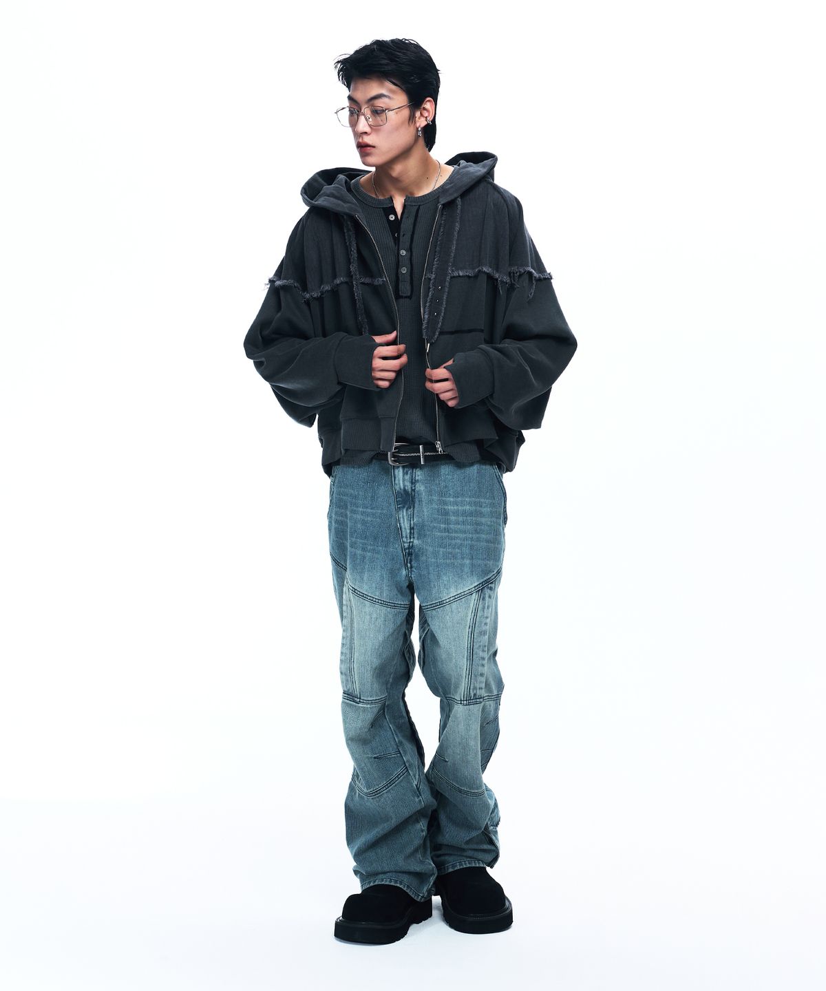 알에스에스씨(RSSC) MIX CROP HOOD ZIPUP - CHARCOAL