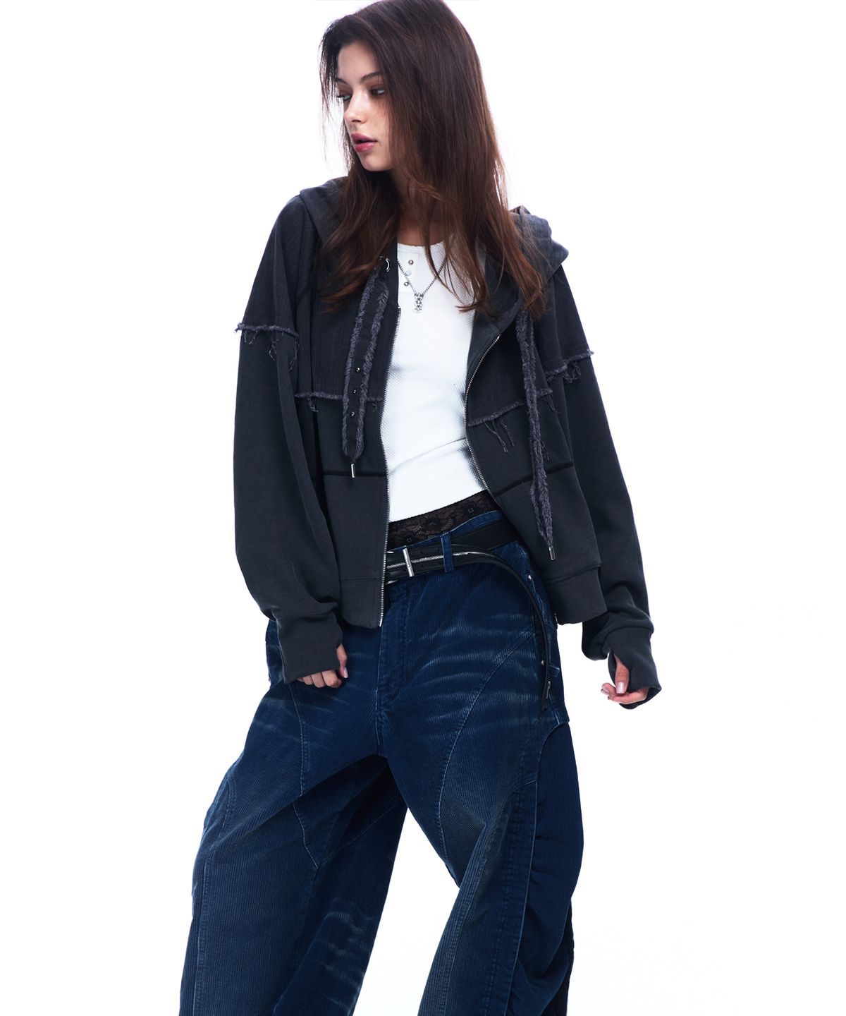 알에스에스씨(RSSC) MIX CROP HOOD ZIPUP - CHARCOAL