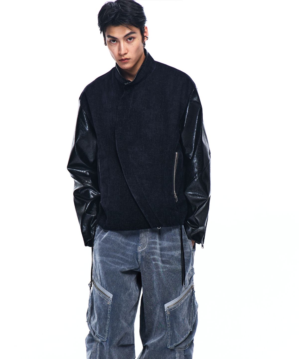알에스에스씨(RSSC) LEATHER MIX CURVED JACKET - NAVY