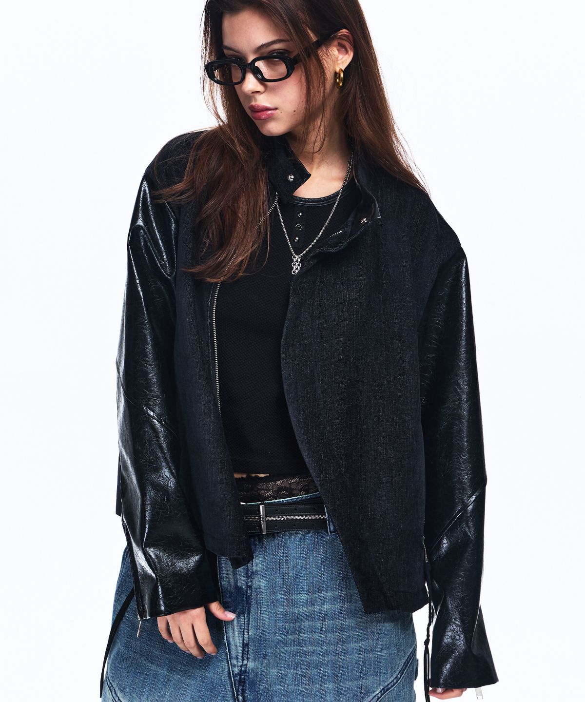 알에스에스씨(RSSC) LEATHER MIX CURVED JACKET - NAVY