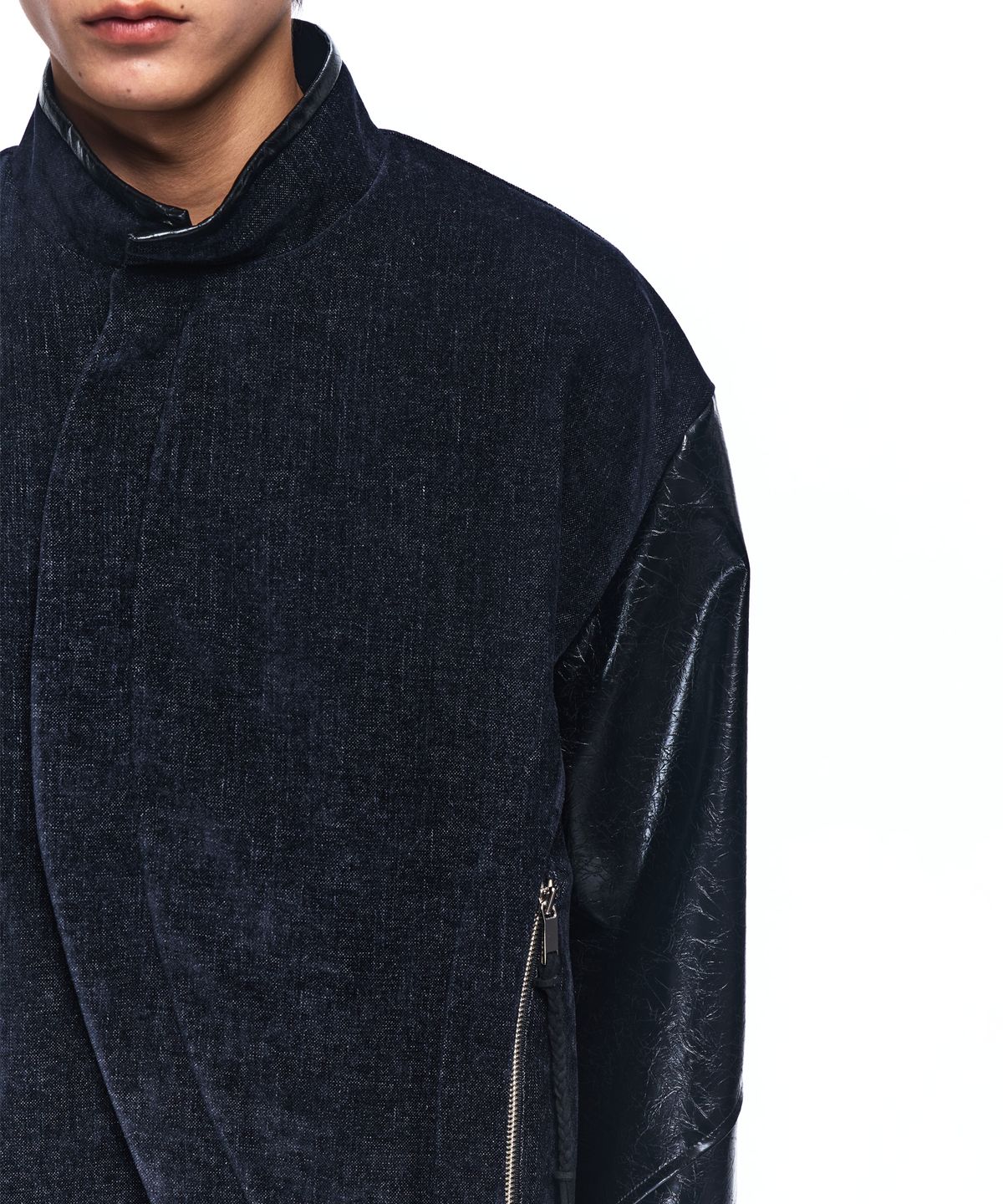 알에스에스씨(RSSC) LEATHER MIX CURVED JACKET - NAVY