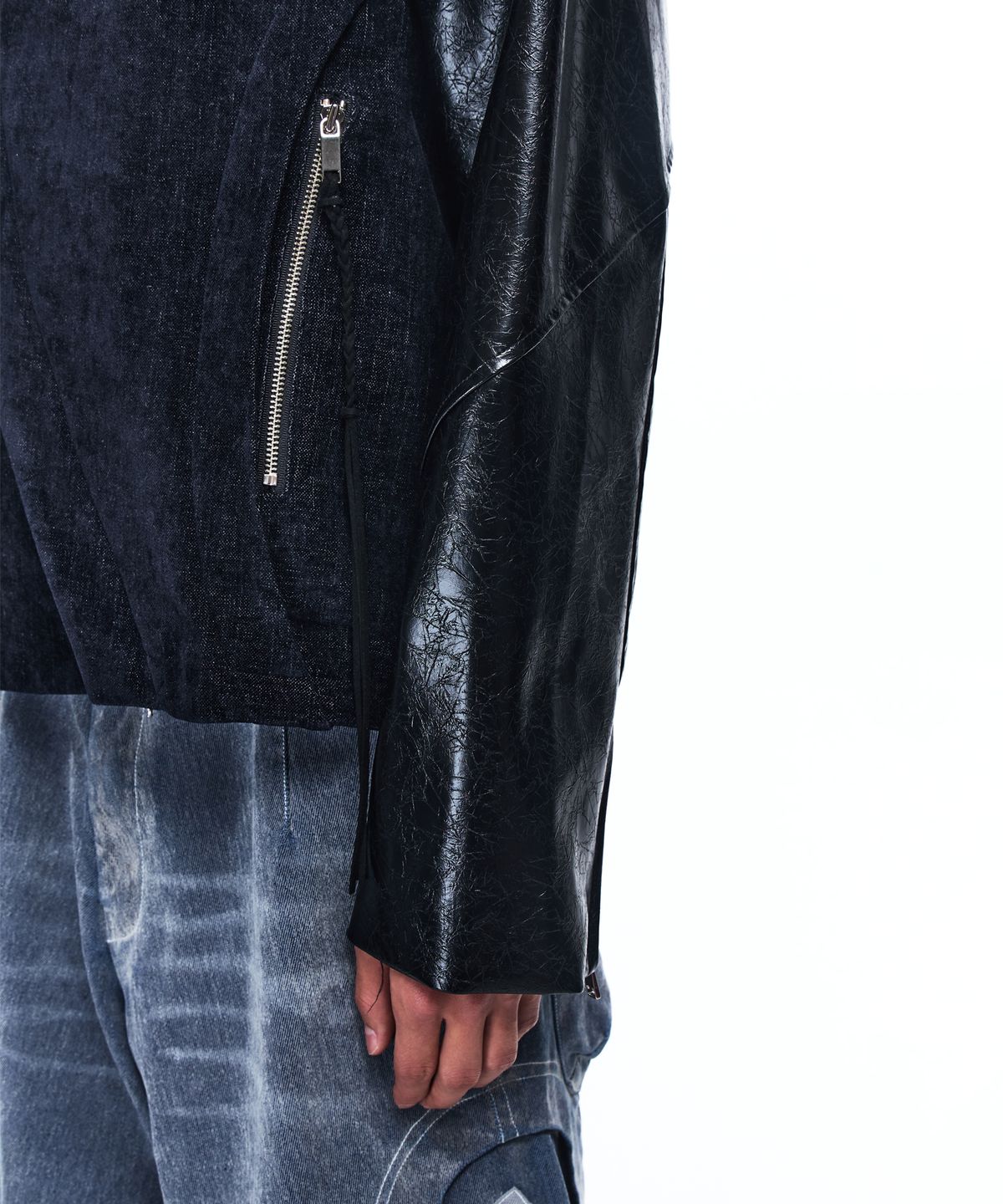 알에스에스씨(RSSC) LEATHER MIX CURVED JACKET - NAVY