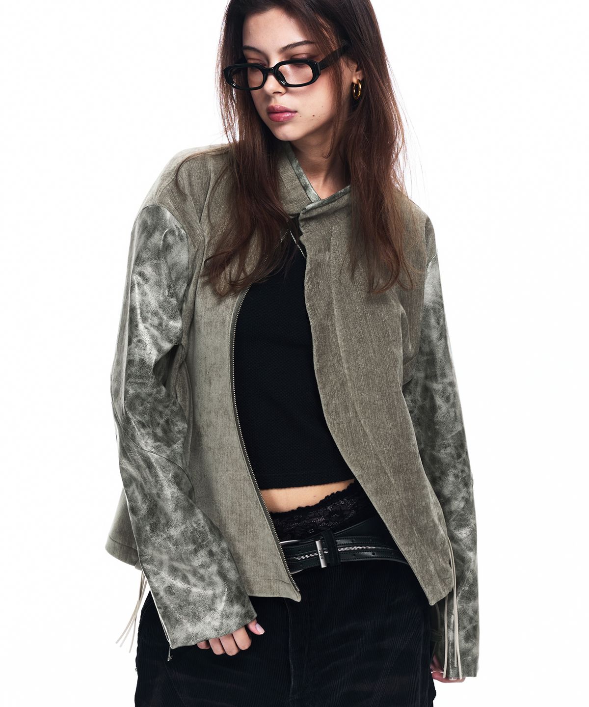알에스에스씨(RSSC) LEATHER MIX CURVED JACKET - KHAKI