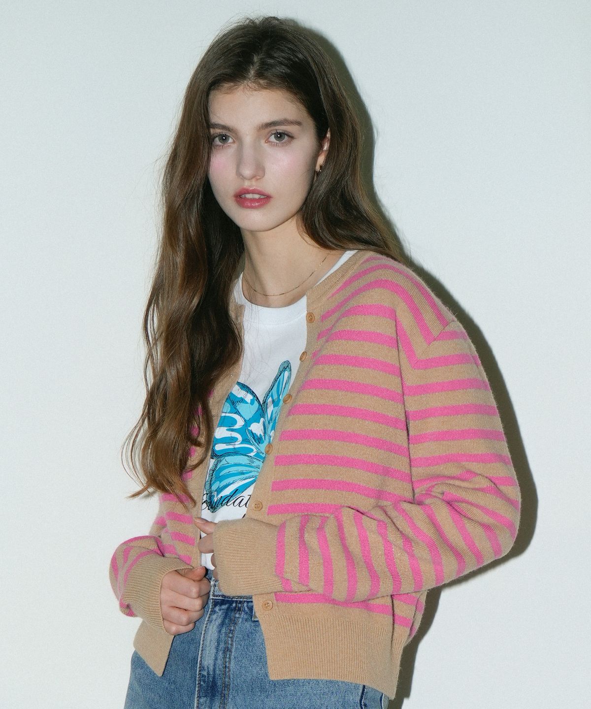 블레티(VLETI) Cashmere Round Stripe Knit Cardigan (Pink)