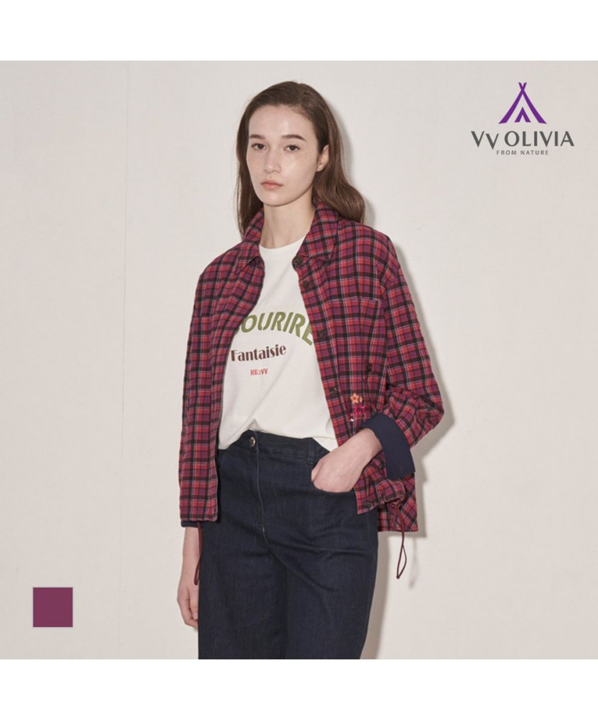 비비올리비아(VVOLIVIA) 자수 체크 블라우스_VVBNL5F7481