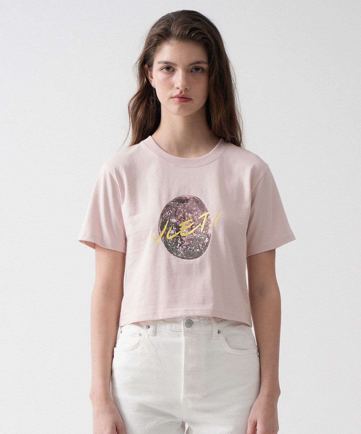 블레티(VLETI) Stone Art Work Printing Crop T-shirt (Pink)