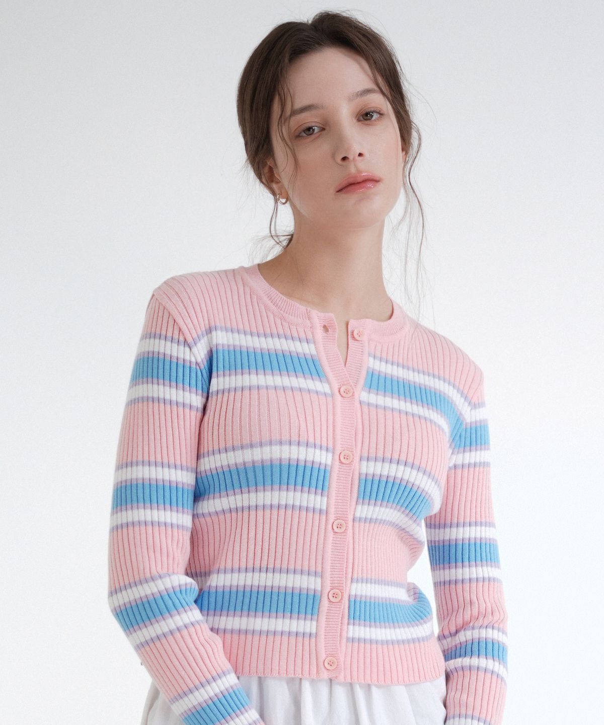 블레티(VLETI) Cotton Round Stripe Knit Cardigan (Pink)
