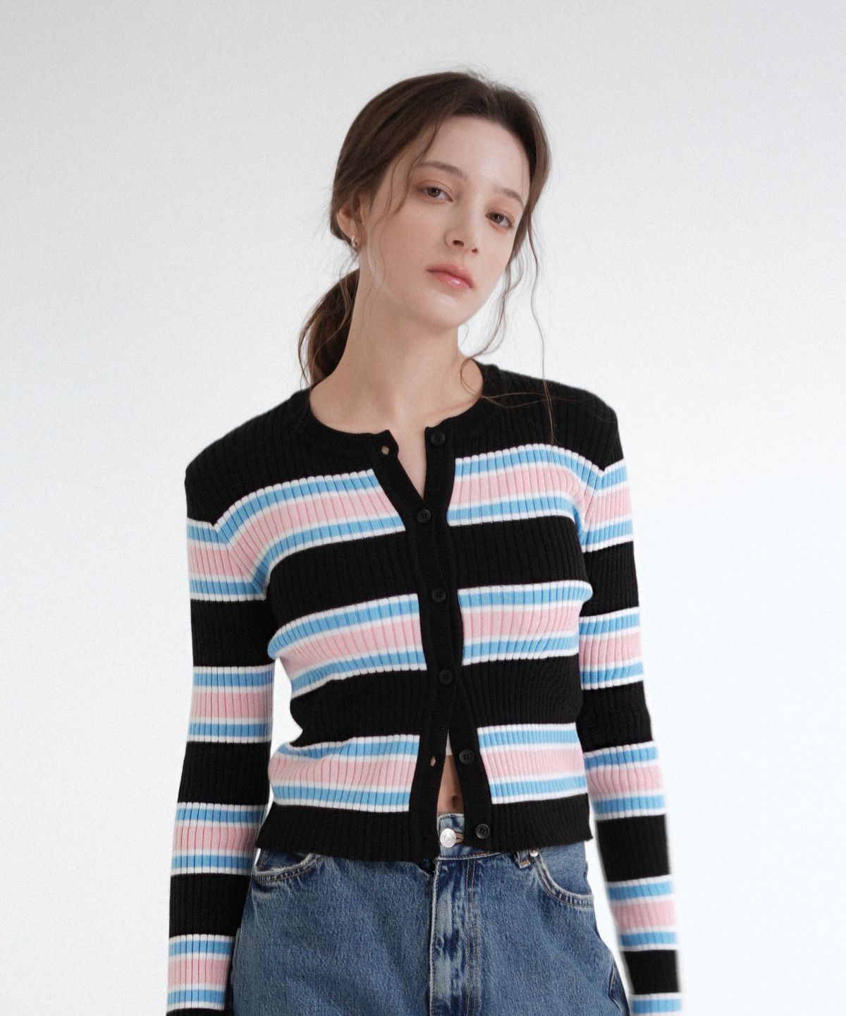 블레티(VLETI) Cotton Round Stripe Knit Cardigan (Black)